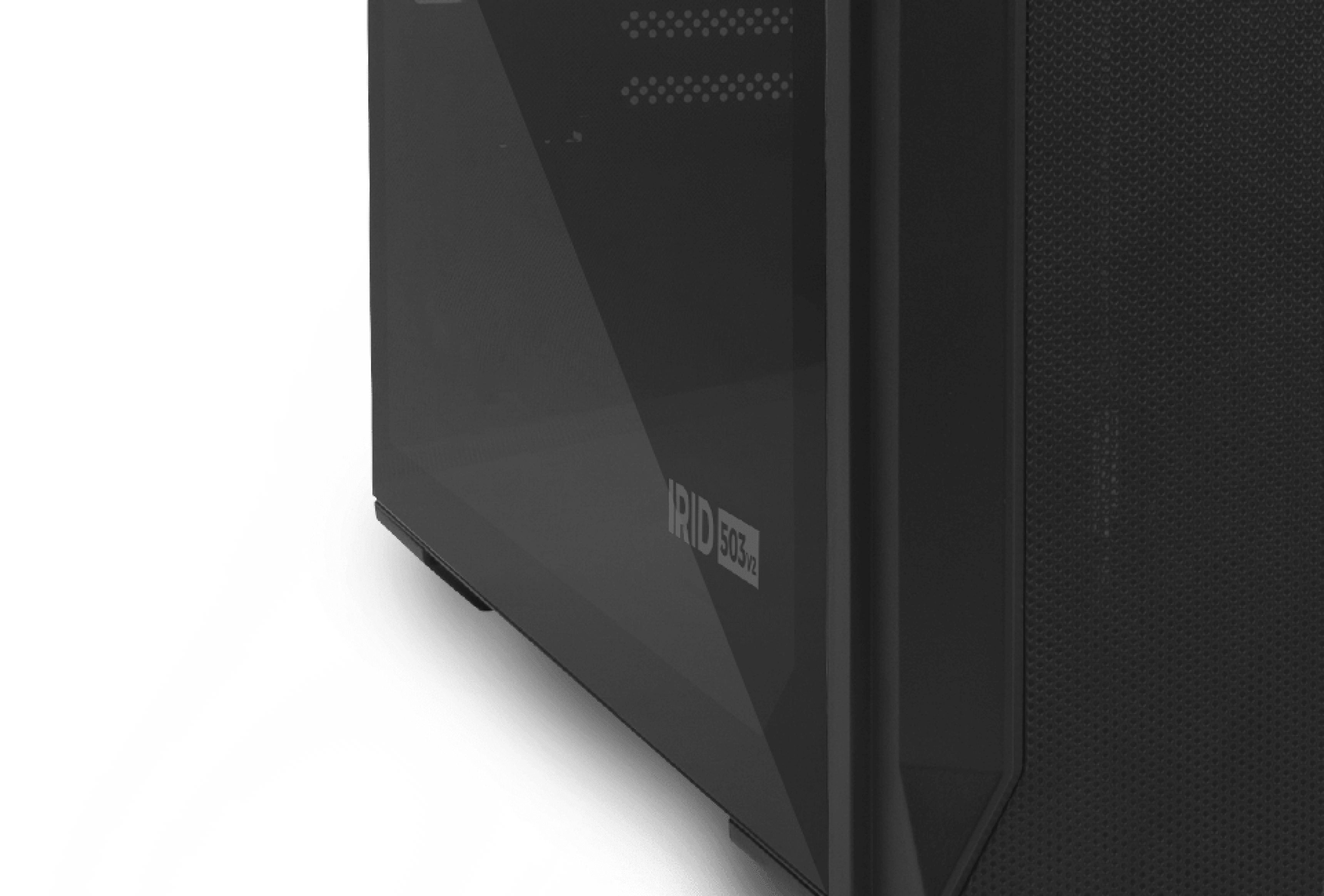 Czarna obudowa Genesis Irid 503 V2 MATX typu mini tower z przezroczystym panelem bocznym i siatką mesh z przodu zapewniającą przepływ powietrza