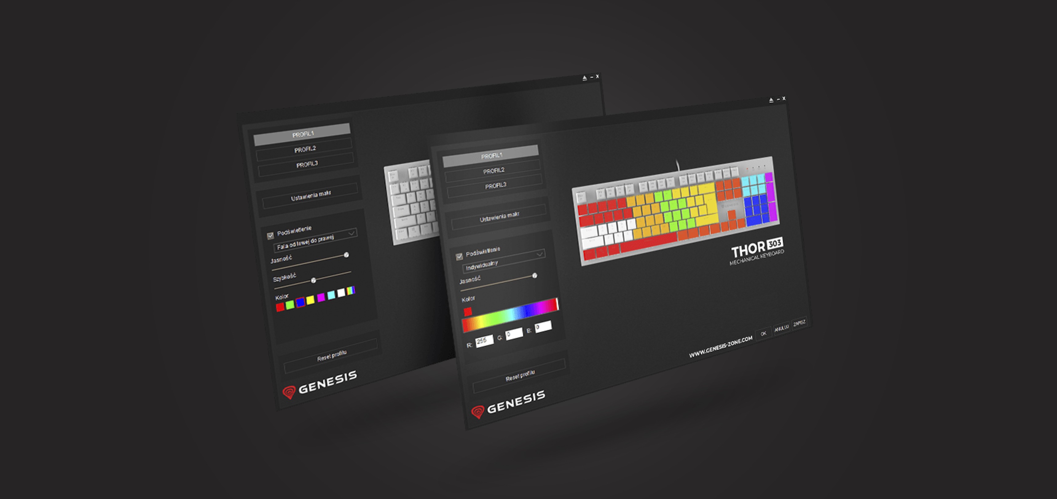 Klawiatura mechaniczna z podświetleniem RGB, konfigurowalnymi opcjami podświetlenia i funkcją hot-swap, pokazana na makiecie interfejsu użytkownika