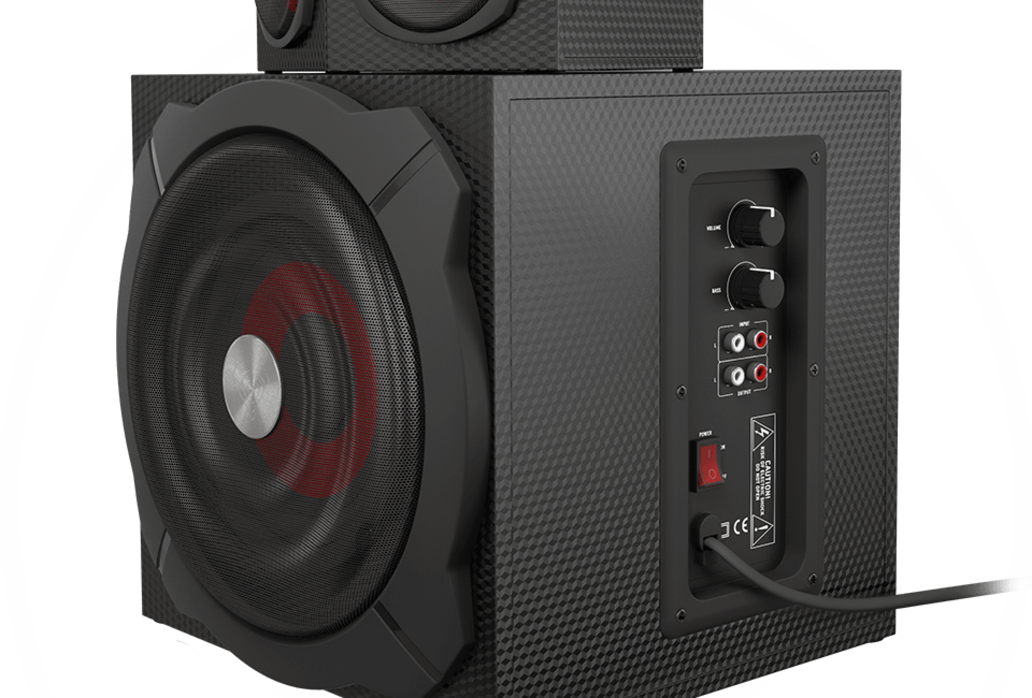 Subwoofer z dużym głośnikiem i tylnymi portami do podłączenia dźwięku.