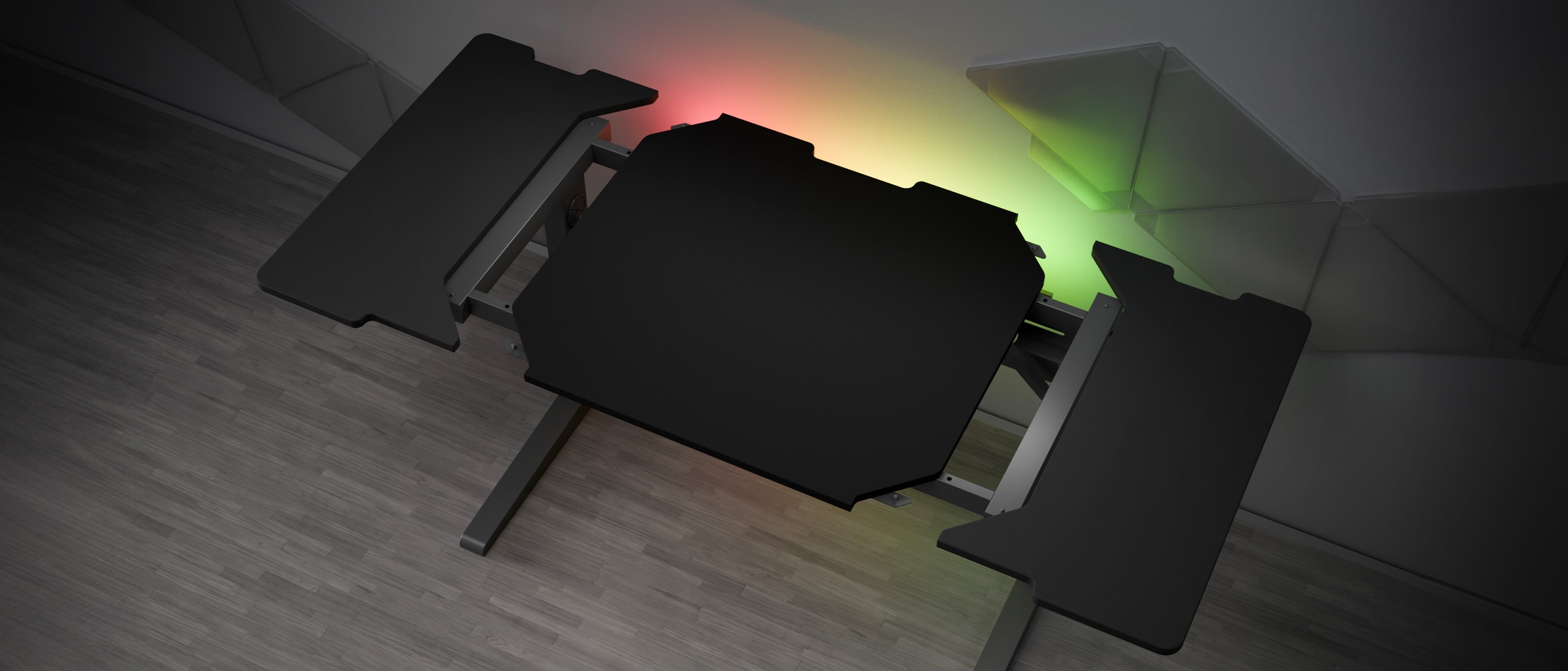 Czarny modułowy panel boczny biurka z oświetleniem RGB, zaprojektowany dla systemu biurek Genesis Holm, widziany z góry