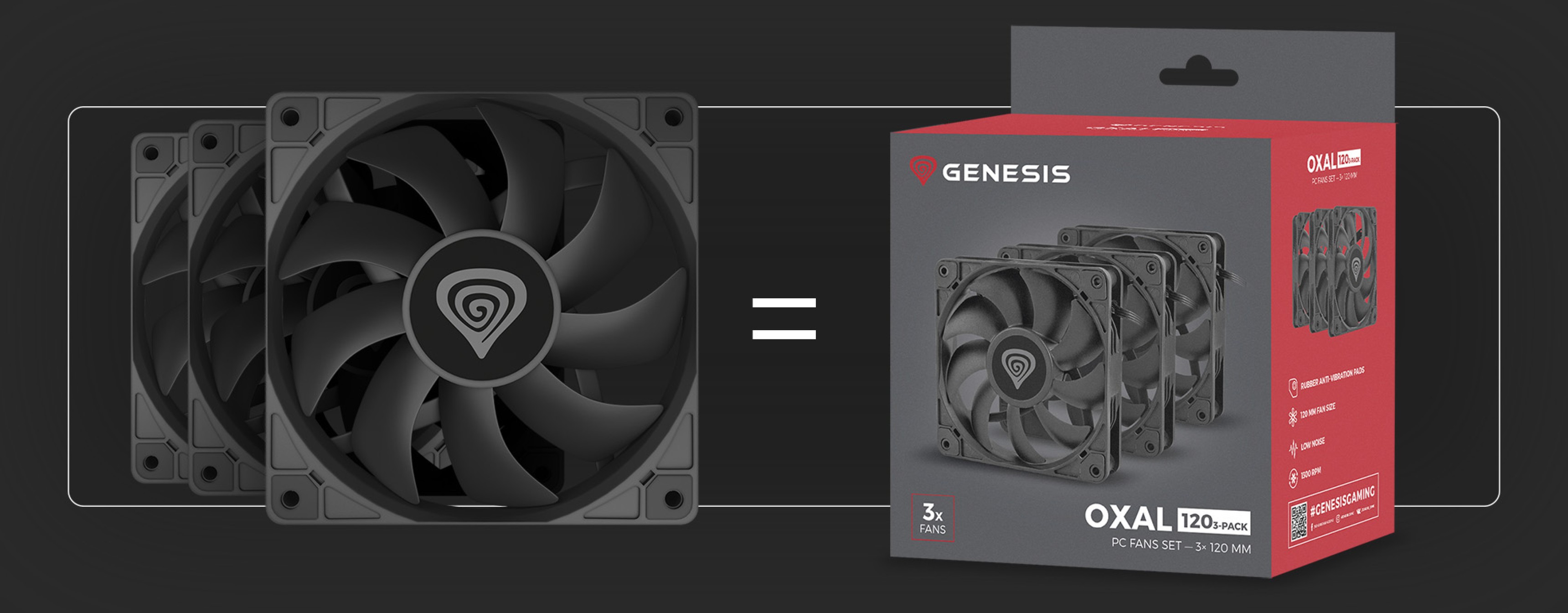 Trio czarnych wentylatorów Genesis Oxal 120 jest prezentowane wraz z opakowaniem, podkreślając wydajność chłodzenia w konfiguracjach PC.