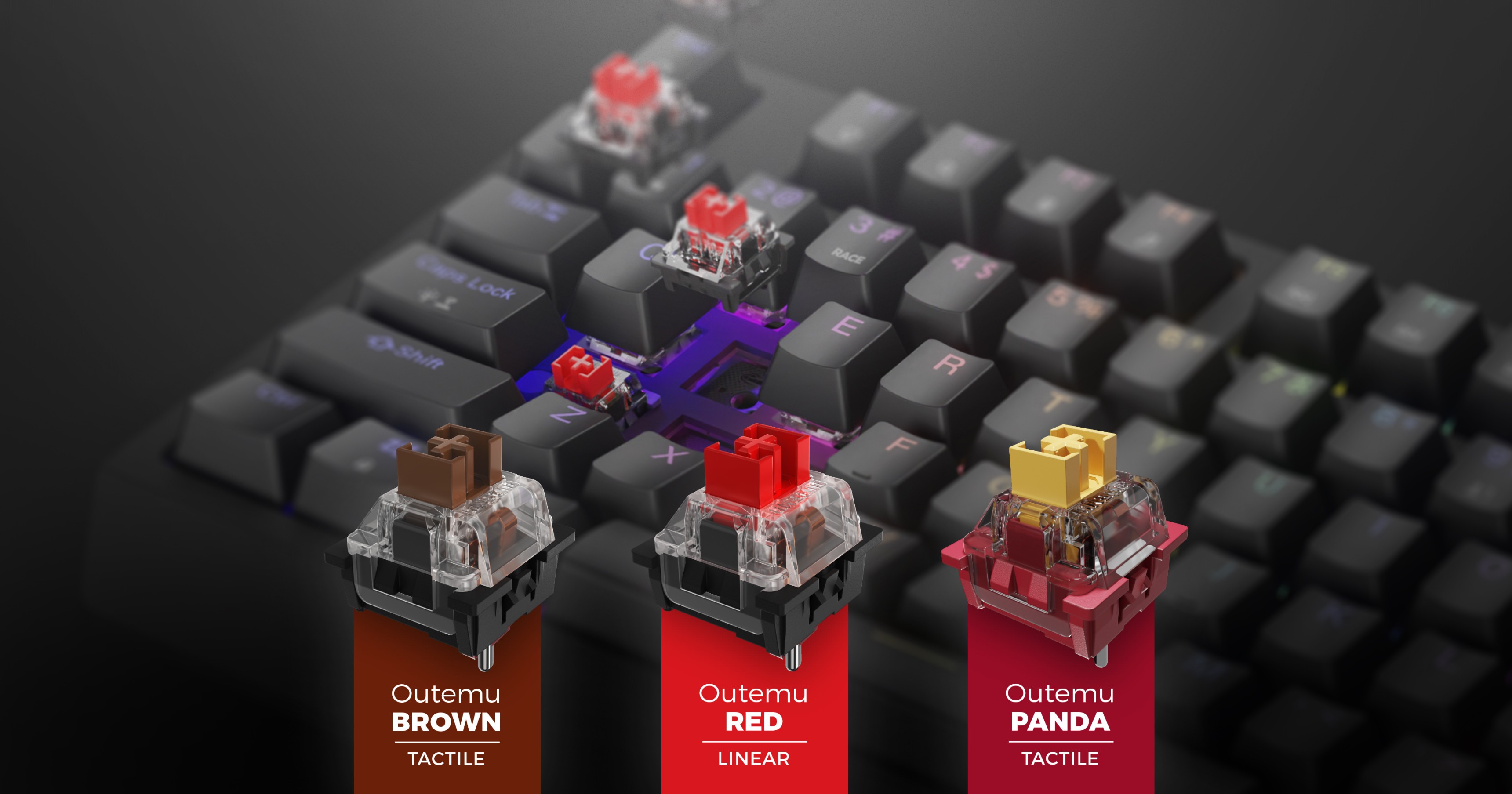 Zbliżenie klawiatury do gier z przełącznikami Outemu Red, Brown i Panda, podkreślające ich konstrukcję mechaniczną i podświetlenie RGB
