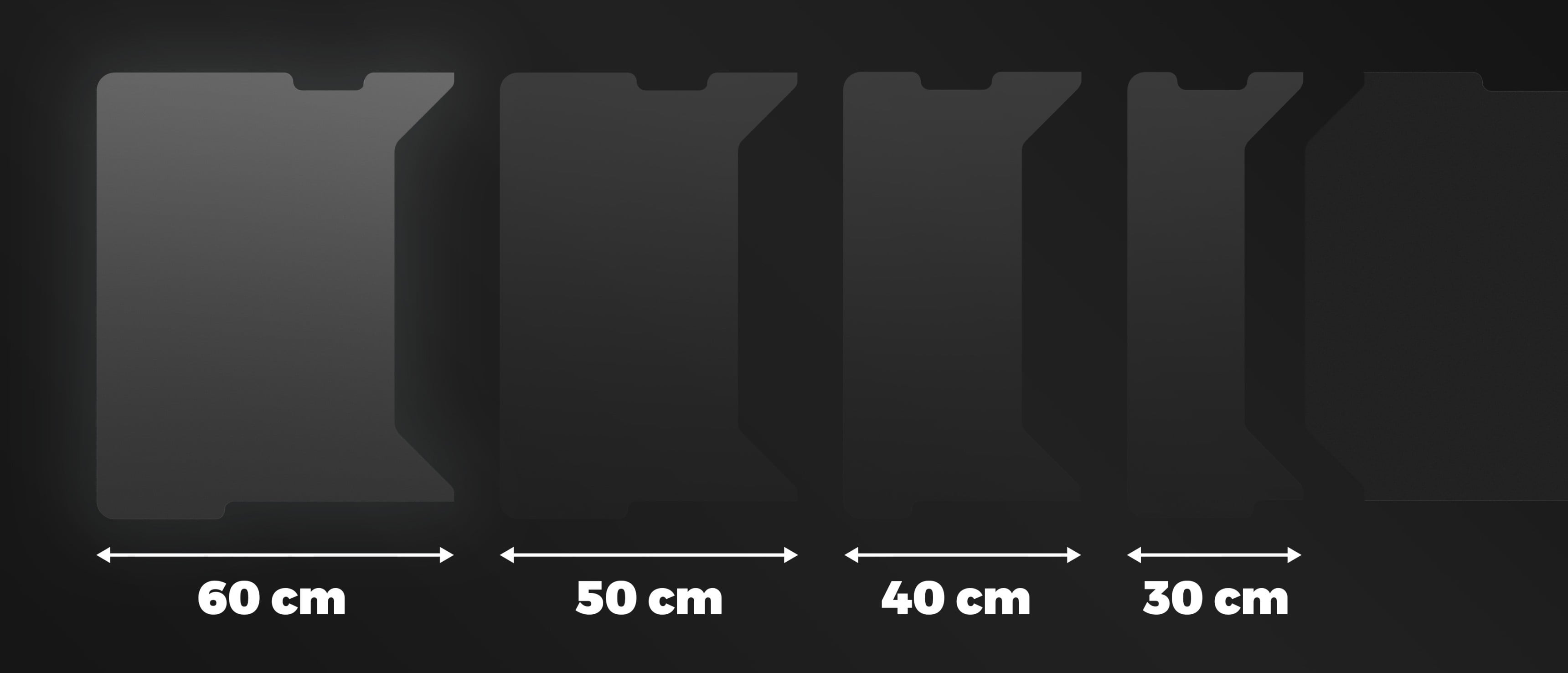 Modułowy panel boczny biurka w czterech rozmiarach: 60 cm, 50 cm, 40 cm i 30 cm, wyświetlane na ciemnym tle