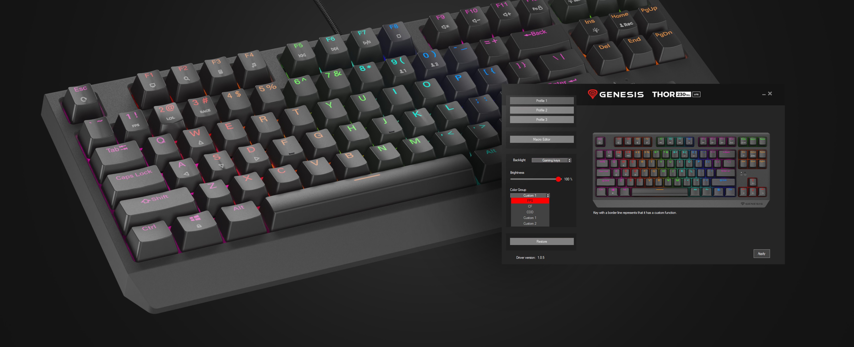Mechaniczna klawiatura do gier Genesis Thor 230 TKL Lite z konfigurowalnym podświetleniem RGB i wyświetlanym interfejsem oprogramowania