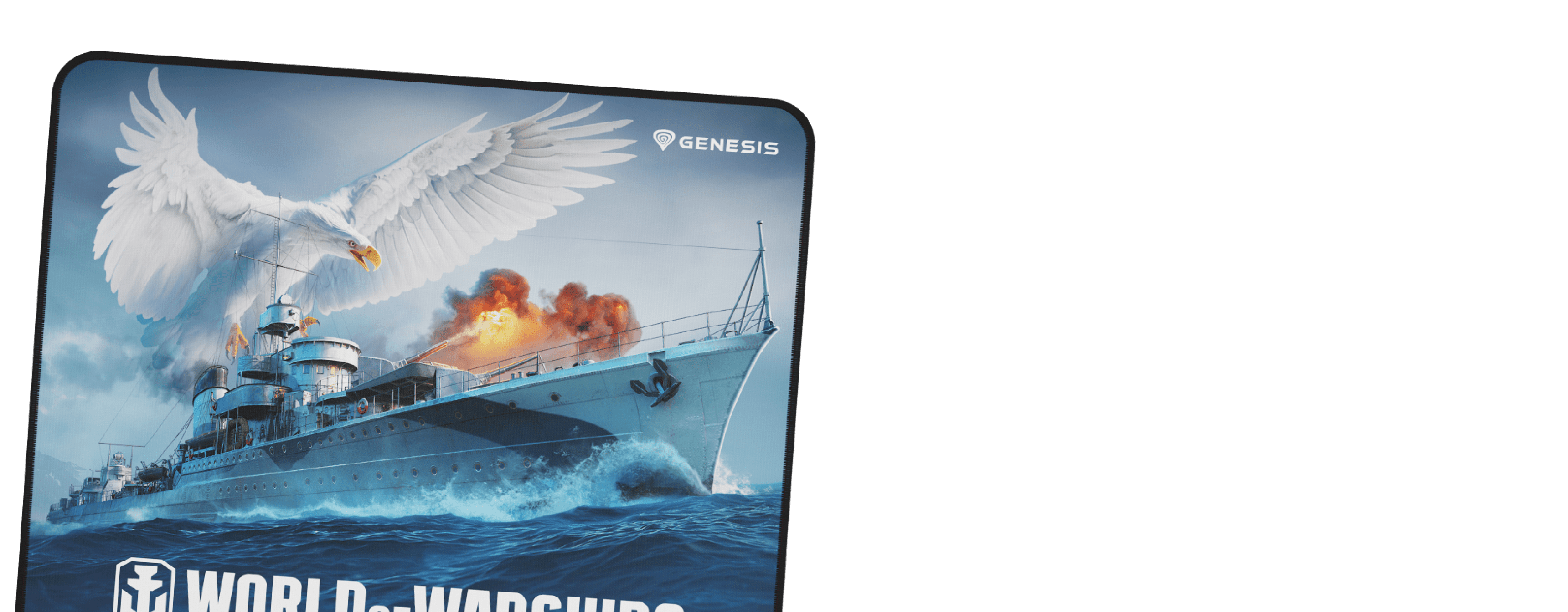 Podkładka pod mysz z dramatyczną ilustracją z gry "World of Warships", przedstawiającą atakowany pancernik z orłem nad nim.