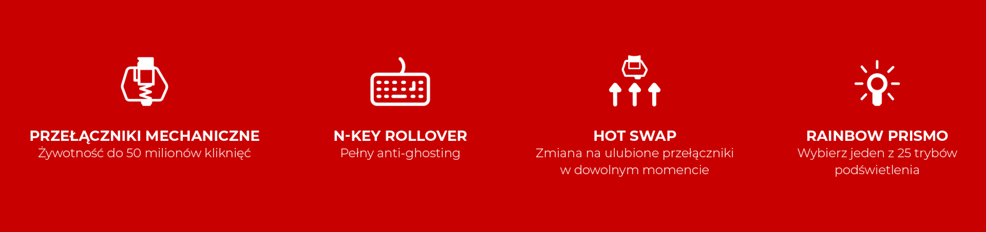 Funkcje klawiatury mechanicznej, w tym przełączniki mechaniczne, N-key rollover, możliwość wymiany podczas pracy i tęczowe podświetlenie