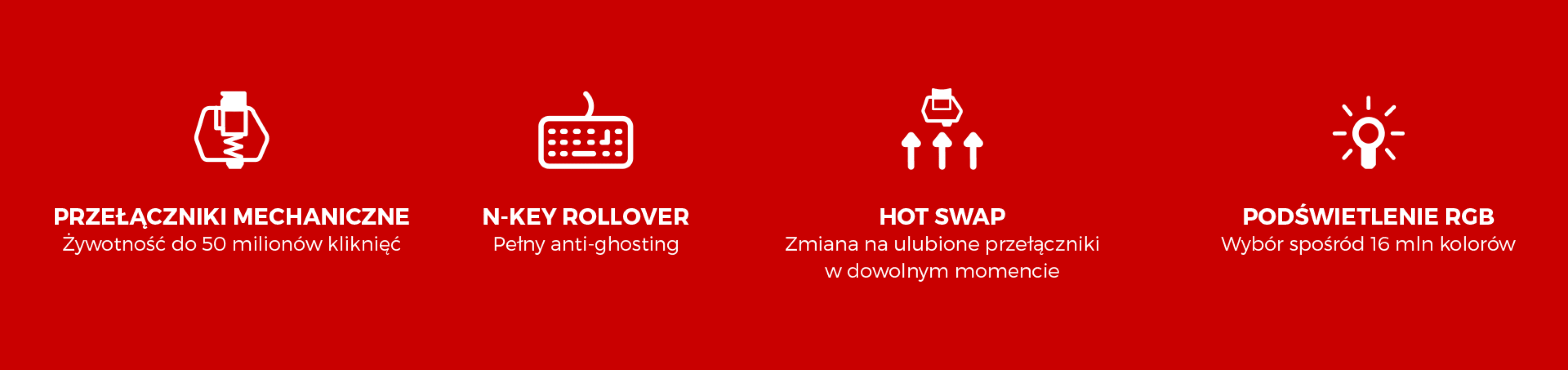 Ikony opisujące funkcje mechanicznej klawiatury do gier Genesis Thor 230 TKL, w tym przełączniki mechaniczne, N-key rollover, możliwość wymiany podczas pracy i podświetlenie RGB.