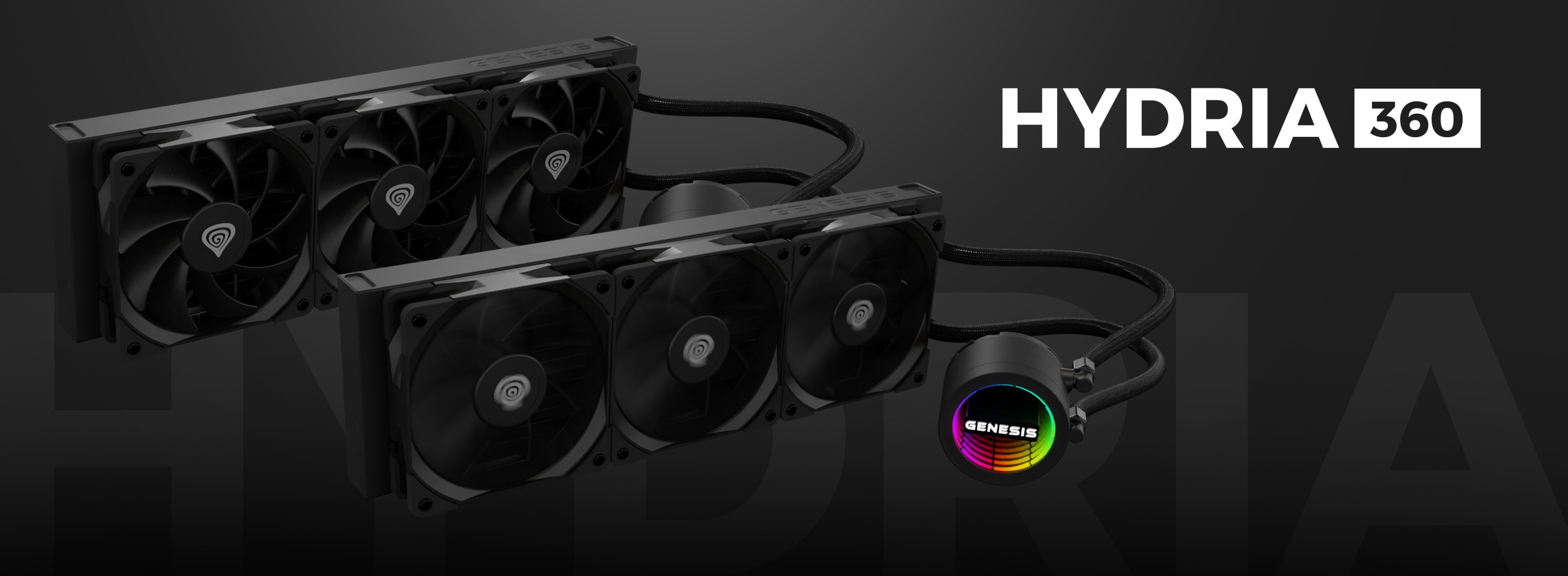 Czarny system chłodzenia wodnego Genesis Hydria 360 z trzema wentylatorami i elegancką pompką