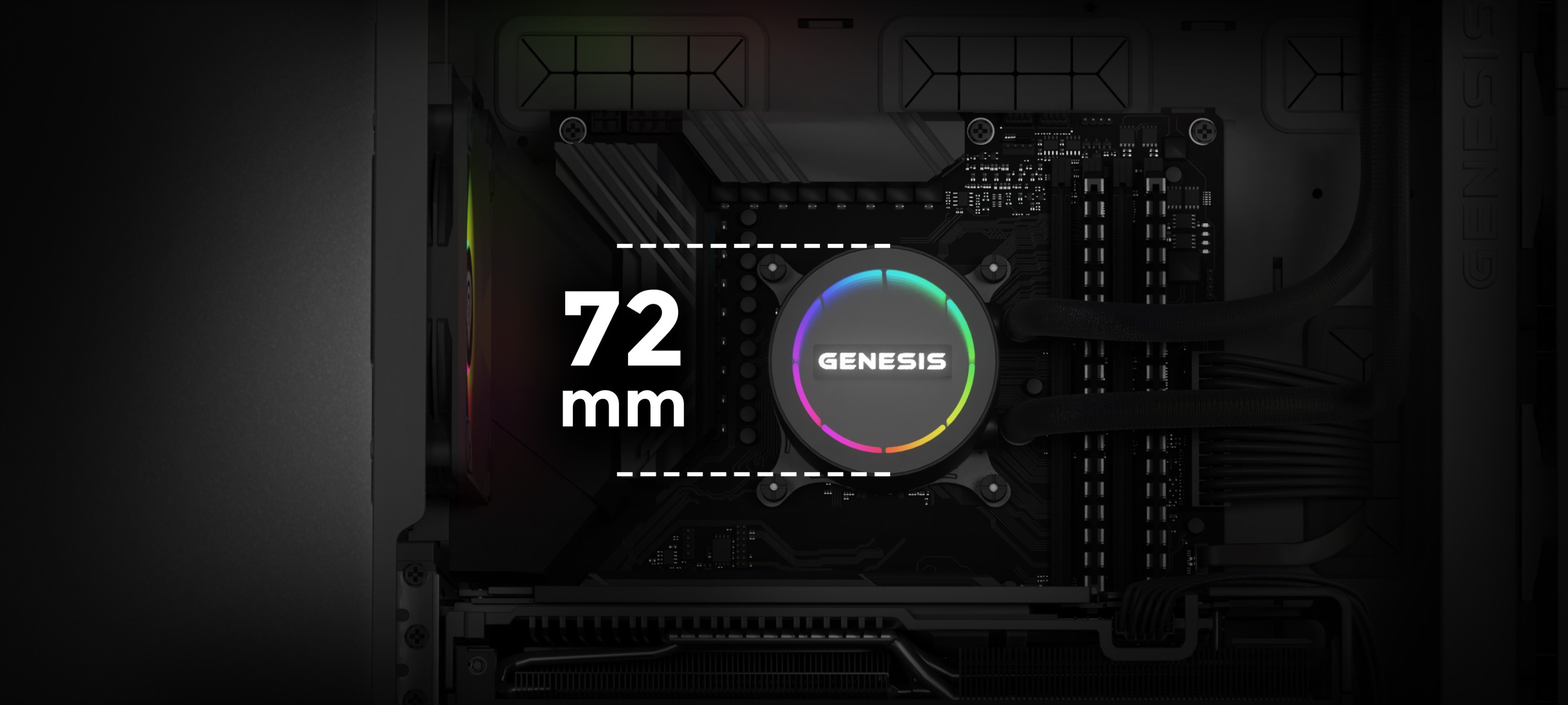 Czarna chłodnica wody Genesis Hydria 360 ARGB zainstalowana w obudowie komputera PC, wyposażona w logo o średnicy 72 mm z podświetleniem RGB