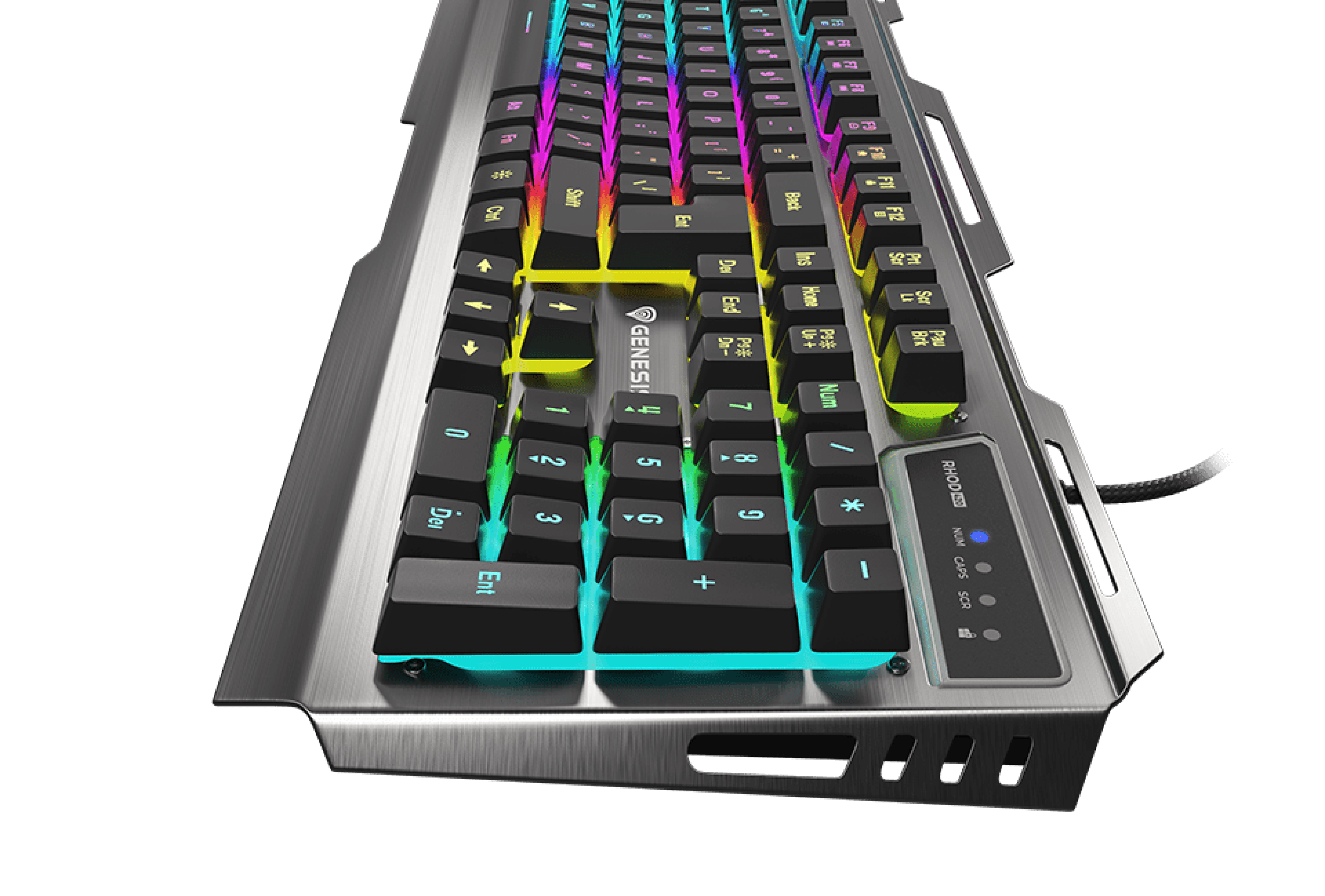Klawiatura gamingowa z podświetleniem RGB, charakteryzująca się eleganckim wyglądem i kolorowymi podświetlanymi klawiszami