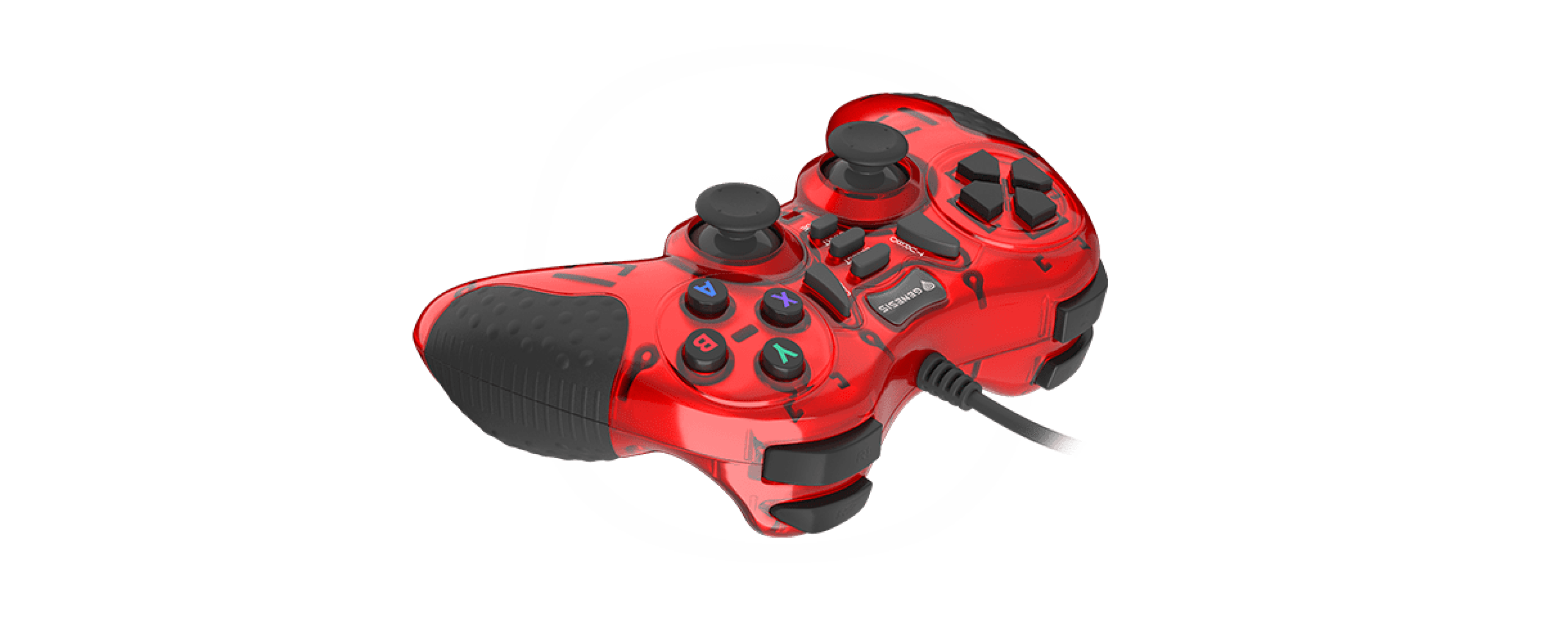Przewodowy czerwony gamepad do PC z joystickiem, przyciskami i ergonomicznymi uchwytami