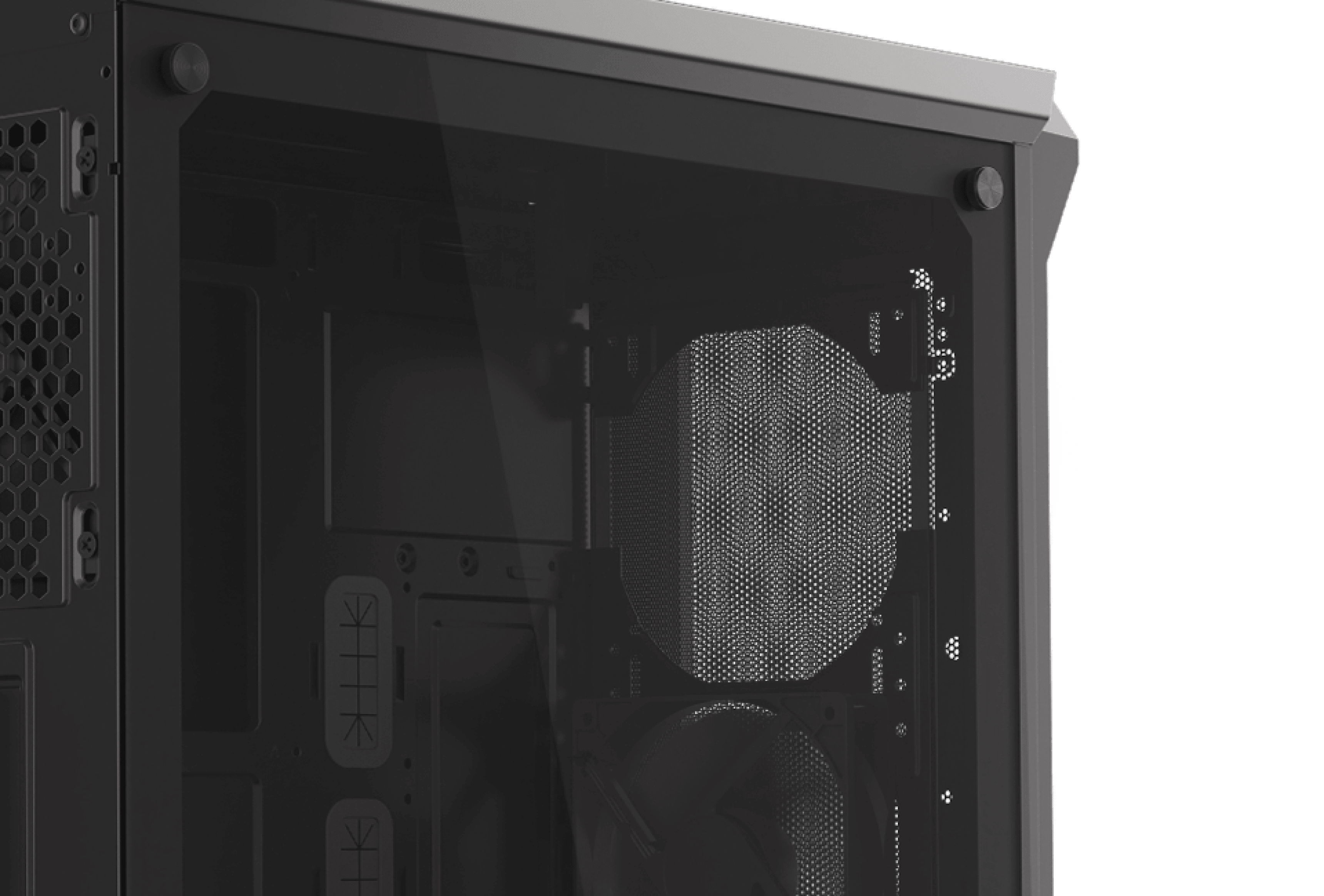 Czarna obudowa Genesis Irid 505 V2 MIDI typu tower z przezroczystym oknem bocznym i siatką mesh zapewniającą przepływ powietrza.