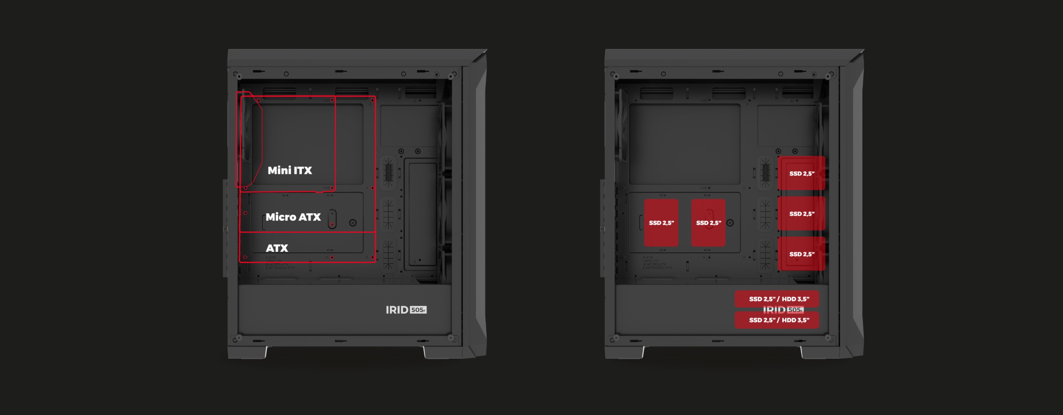 Schemat obudowy Genesis Irid 505F Midi Tower, pokazujący kompatybilne rozmiary i układ płyt głównych