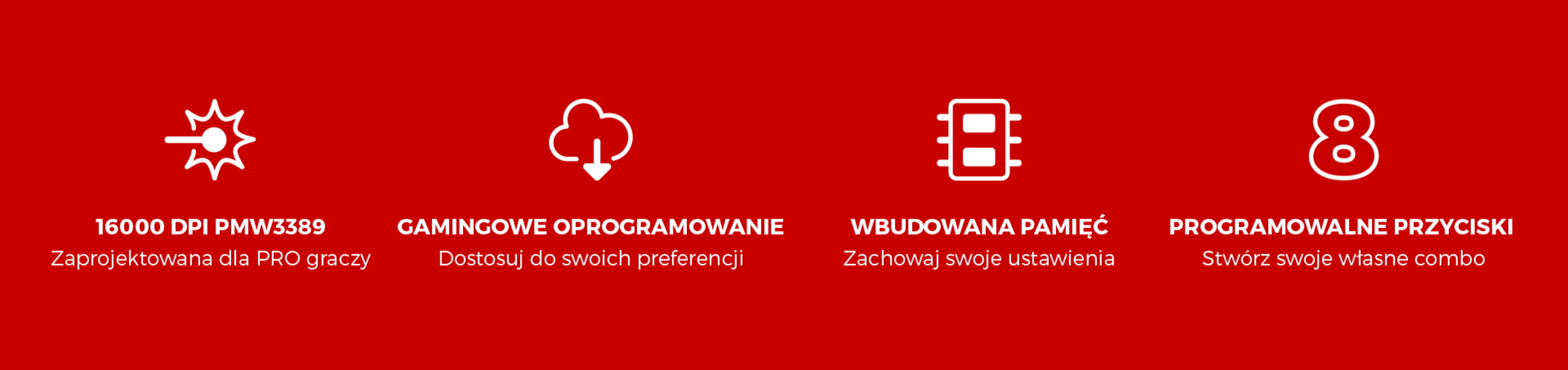 Cechy myszy do gier Genesis Xenon 800: sensor PMW3389 o rozdzielczości 16 000 DPI, konfigurowalne oprogramowanie, wbudowana pamięć i programowalne przyciski