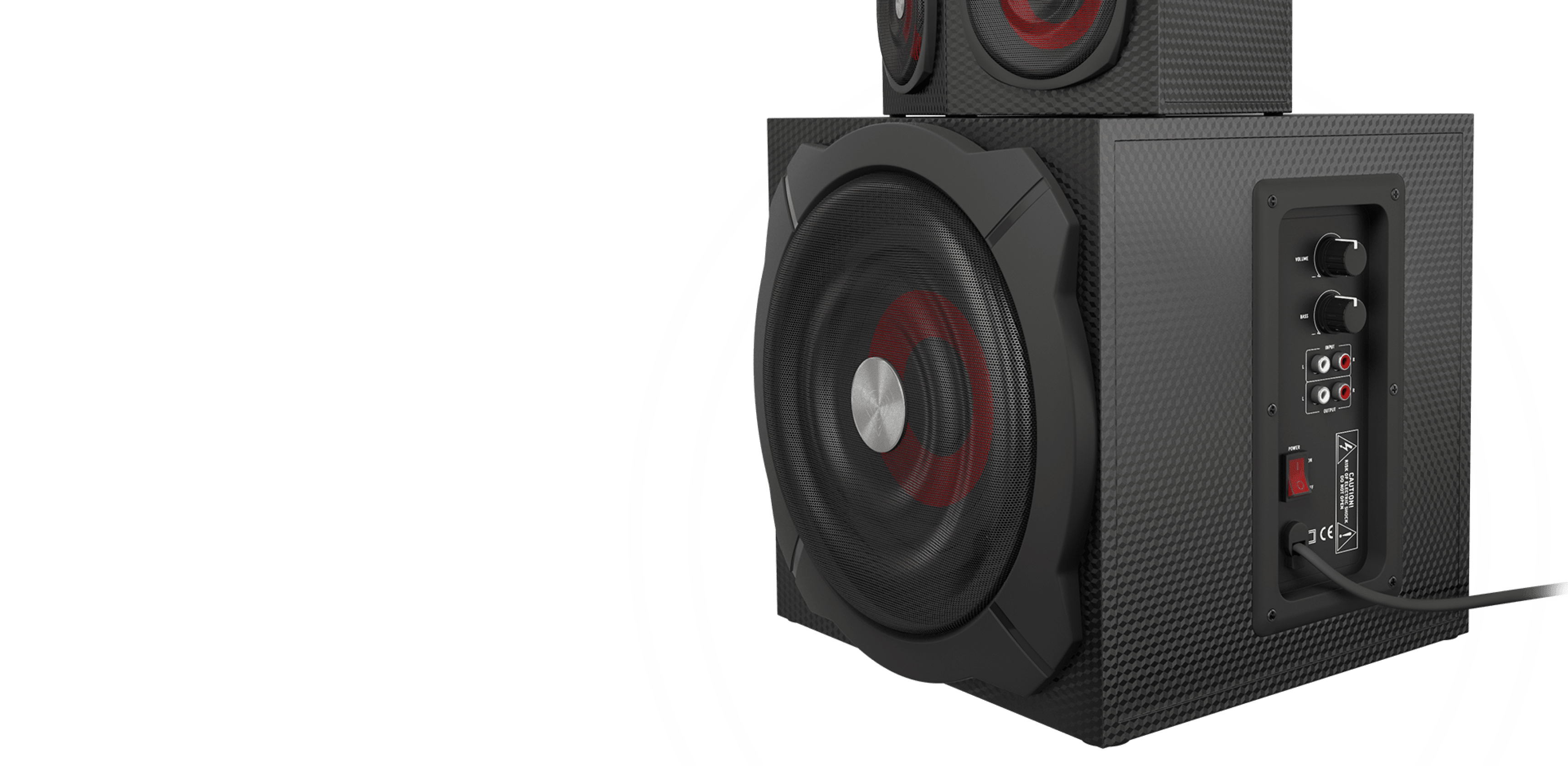 System głośników audio z dużym subwooferem i mniejszym głośnikiem umieszczonym na nim.