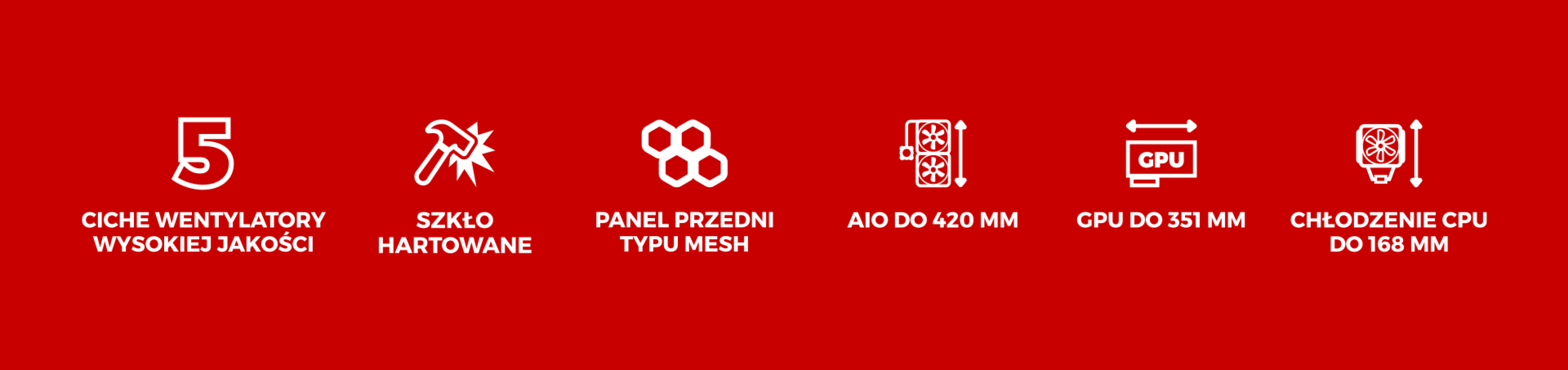 Czarna obudowa typu mid-tower ze szklanym panelem i pięcioma wysokiej jakości wentylatorami zapewniającymi chłodzenie i przepływ powietrza.
