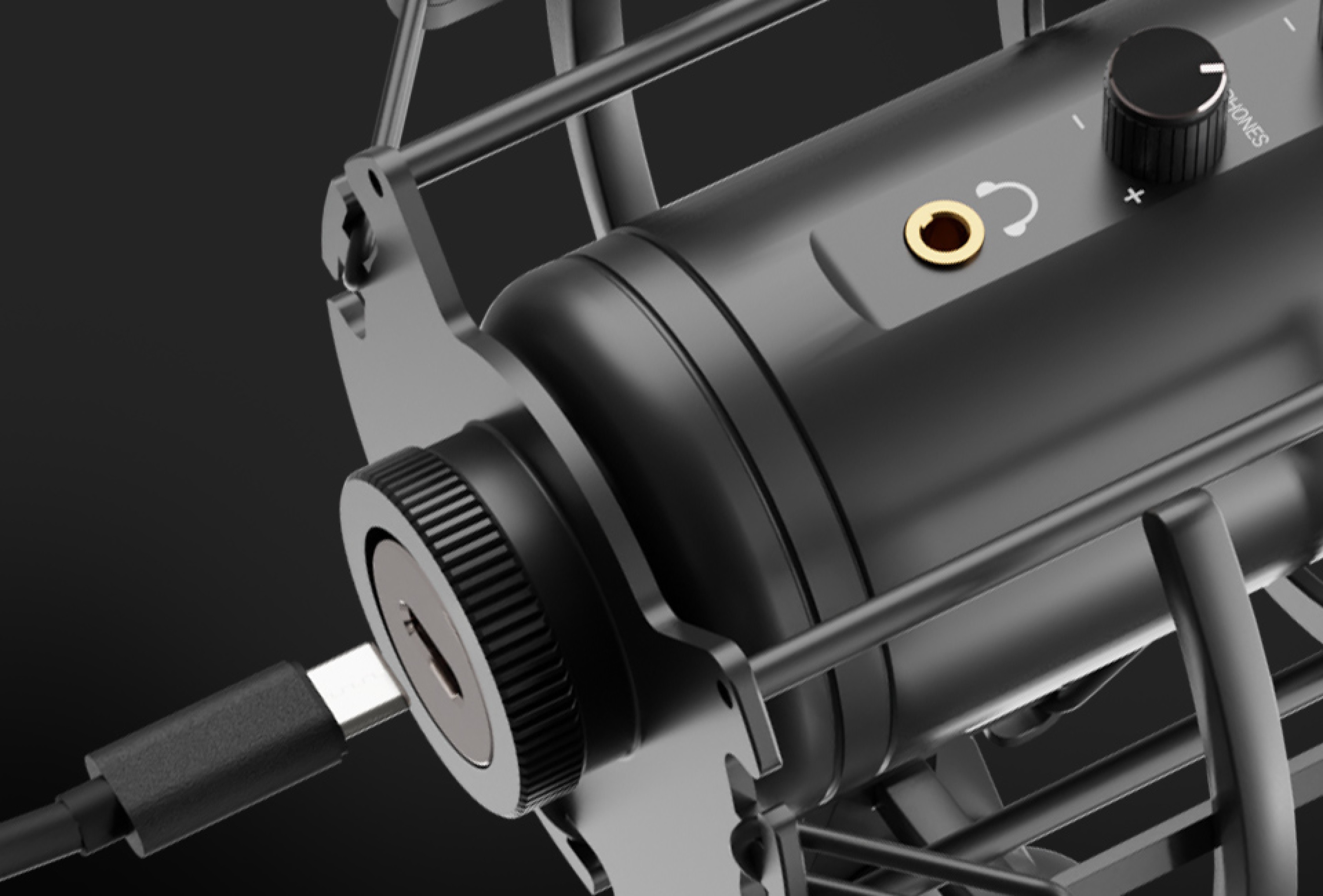 Widok z bliska mikrofonu Genesis Radium 600 G2 USB, podkreślający złącze USB i pokrętło regulacji głośności