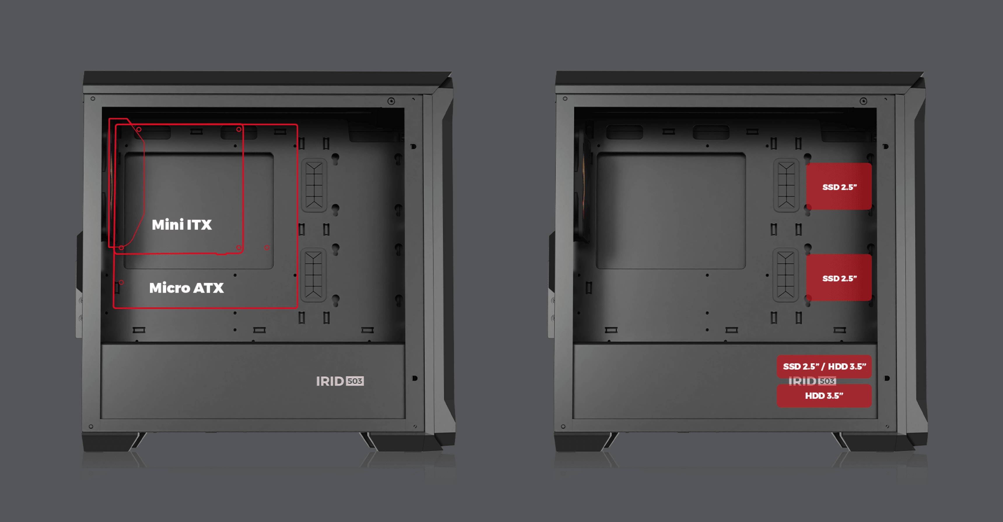 Czarna obudowa komputerowa typu mini tower z hartowanym szkłem, pokazująca wewnętrzny układ dla płyt głównych Mini ITX i Micro ATX