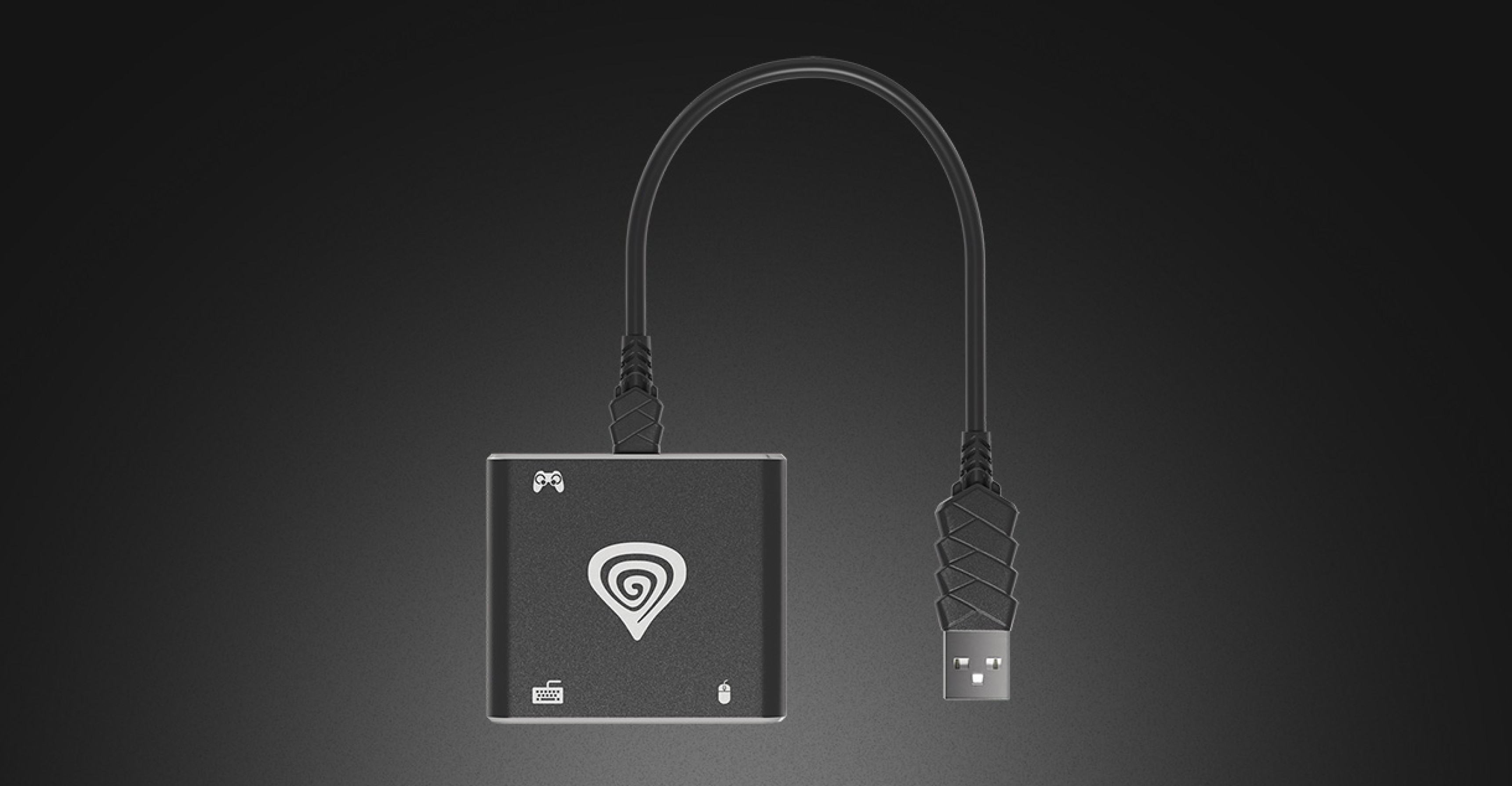 Adapter z kablem połączeniowym i emblematem na górnej powierzchni.