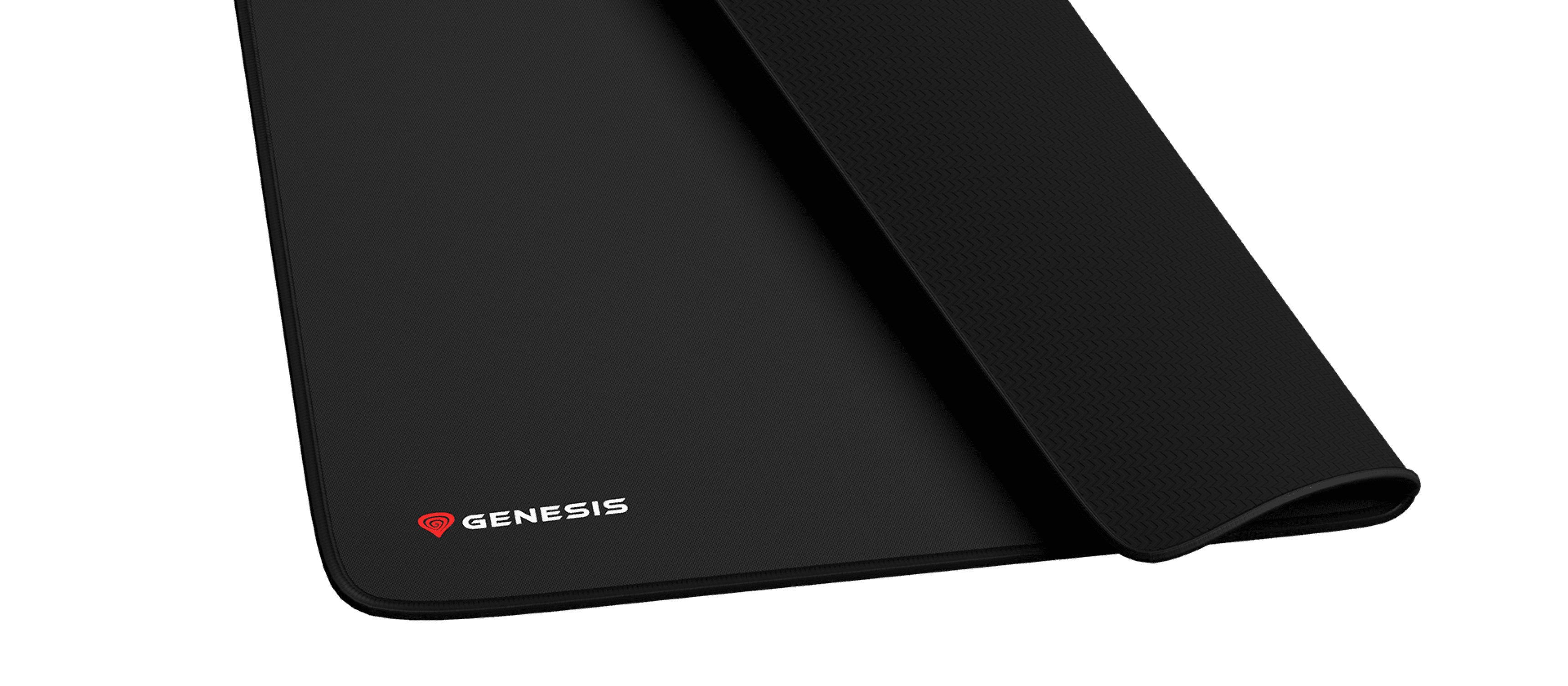 Czarna podkładka pod mysz dla graczy o gładkiej powierzchni, z logo Genesis i zakrzywionymi krawędziami, o wymiarach 400 x 330 mm.