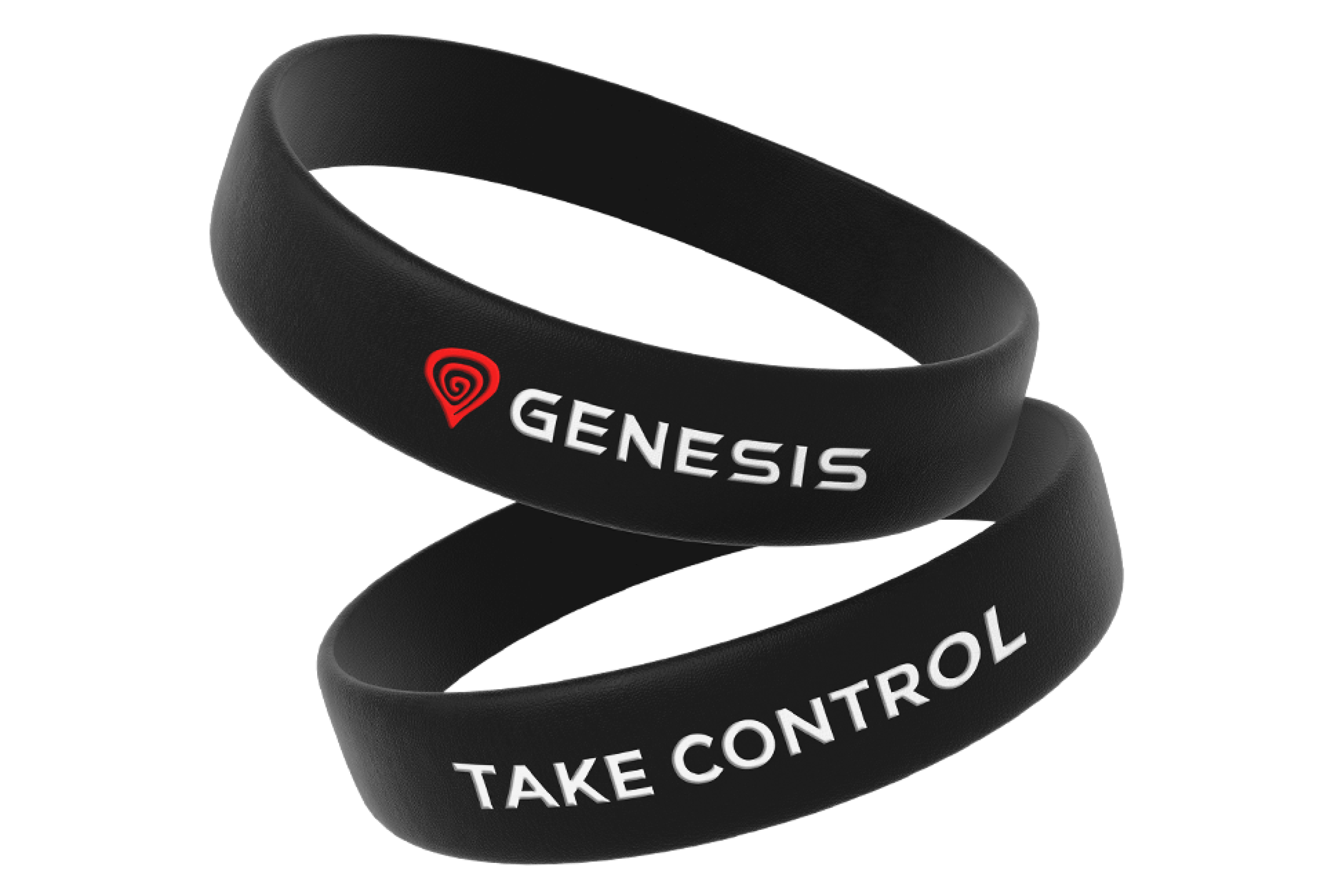 Czarne silikonowe opaski na rękę z napisami "GENESIS" i "TAKE CONTROL" w kolorze białym.
