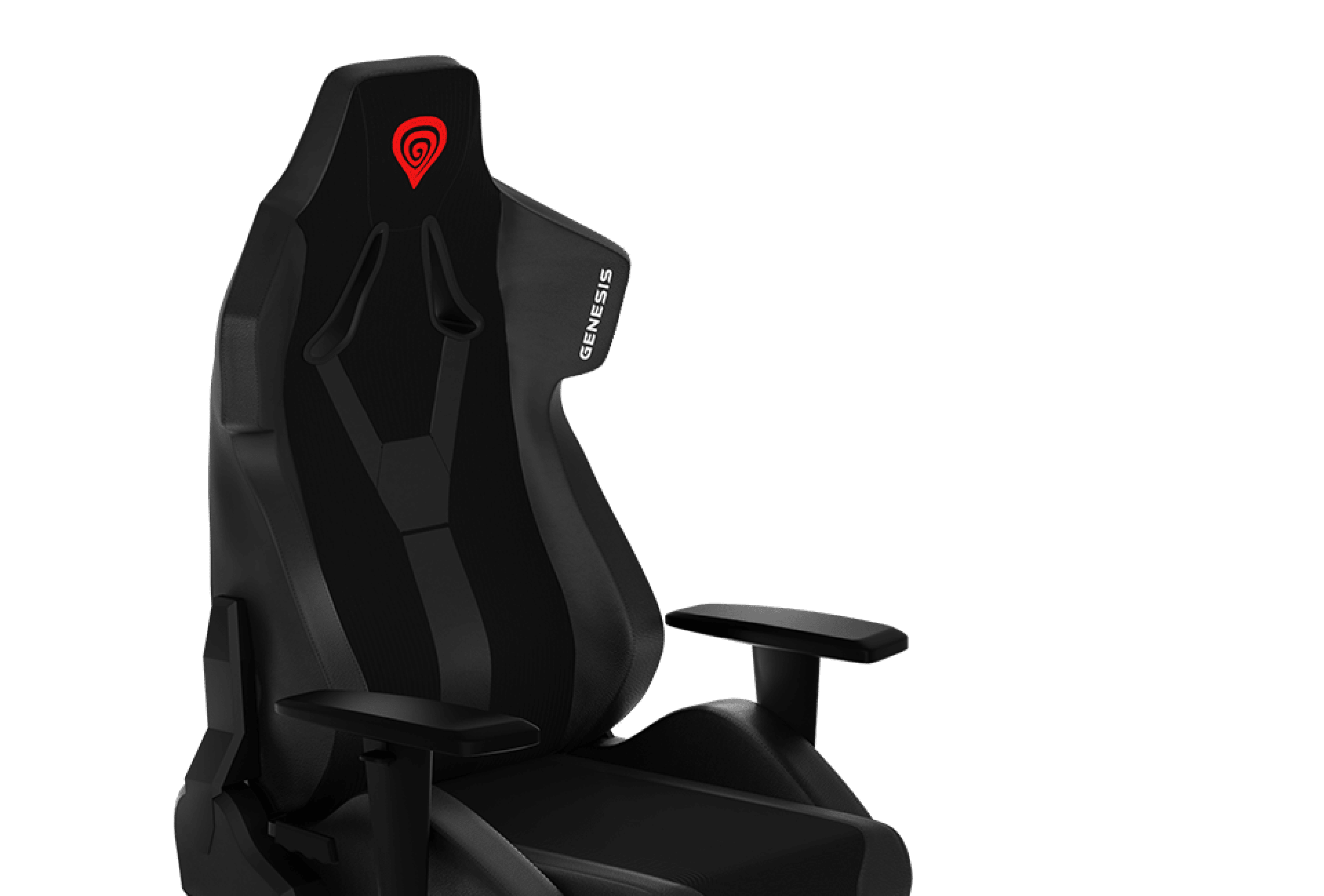 Fotel gamingowy Genesis Nitro 650 w kolorze czarnym z ergonomiczną konstrukcją i regulowanymi podłokietnikami, z logo Genesis na zagłówku