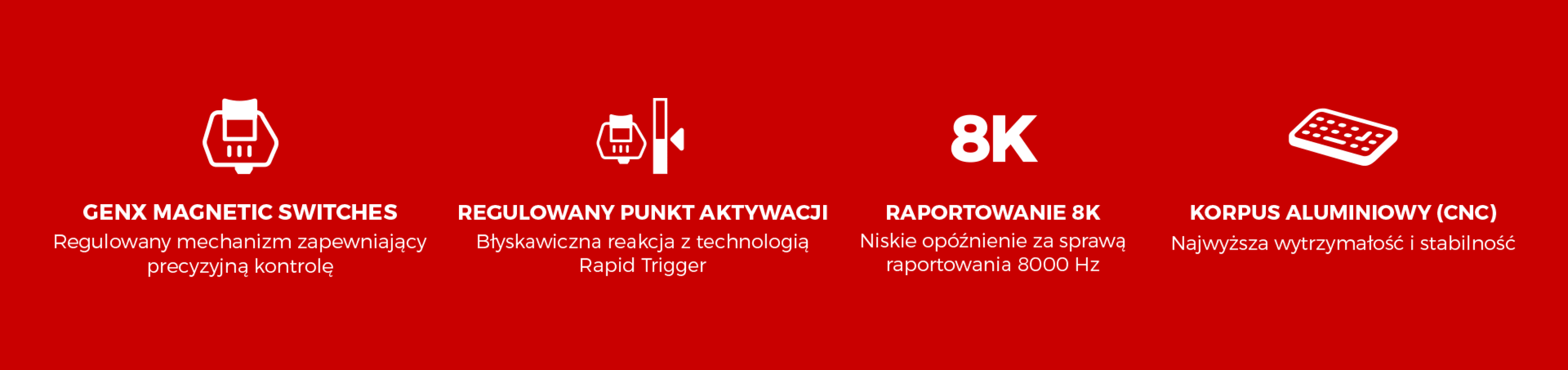 Cztery czerwone ikony przedstawiające różne zaawansowane funkcje urządzenia, w tym magnetyzm i aluminiową konstrukcję.