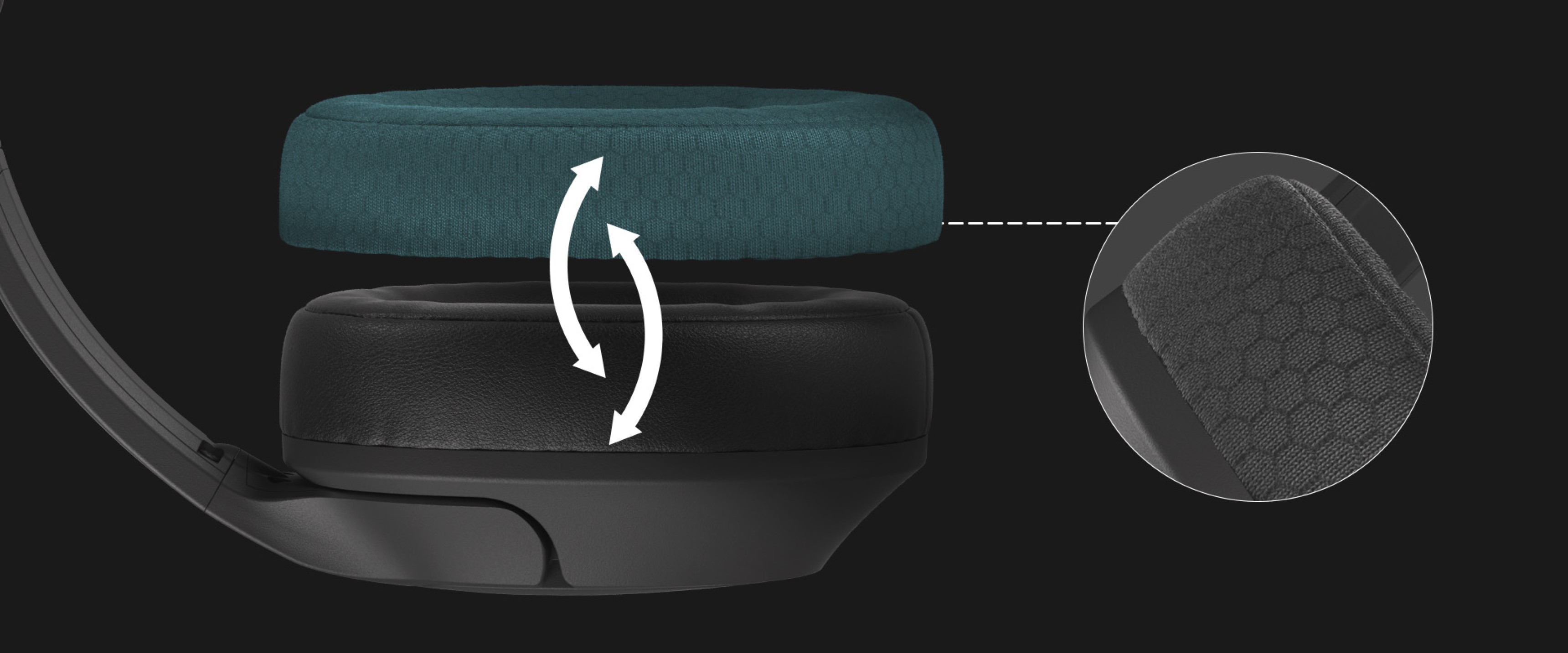 Zbliżenie na słuchawki Genesis Radon 800 prezentujące regulowane nauszniki i teksturowane detale materiałowe