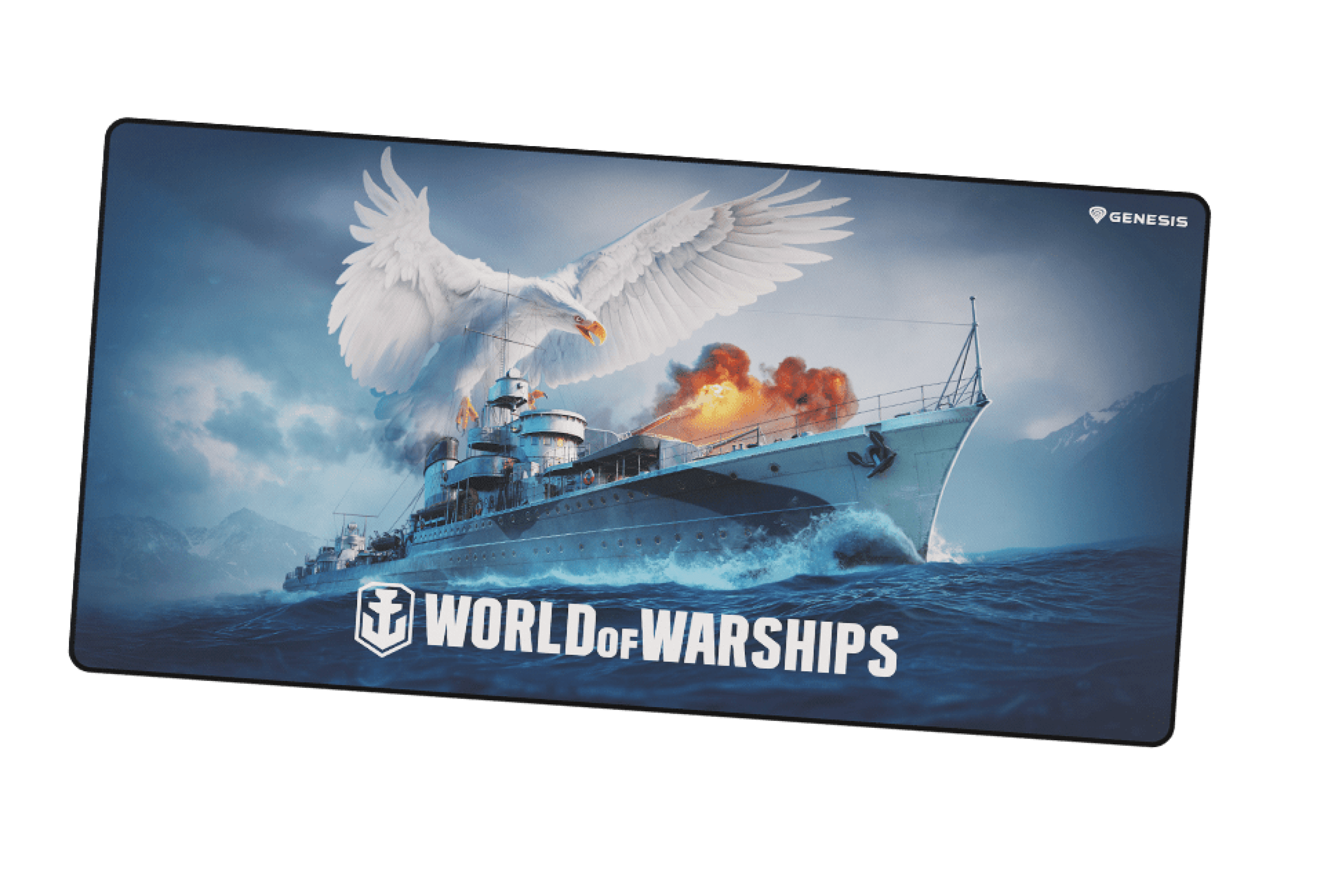 Podkładka pod mysz z dynamiczną grafiką z World of Warships, przedstawiającą pancernik i orła w dramatycznej scenie.