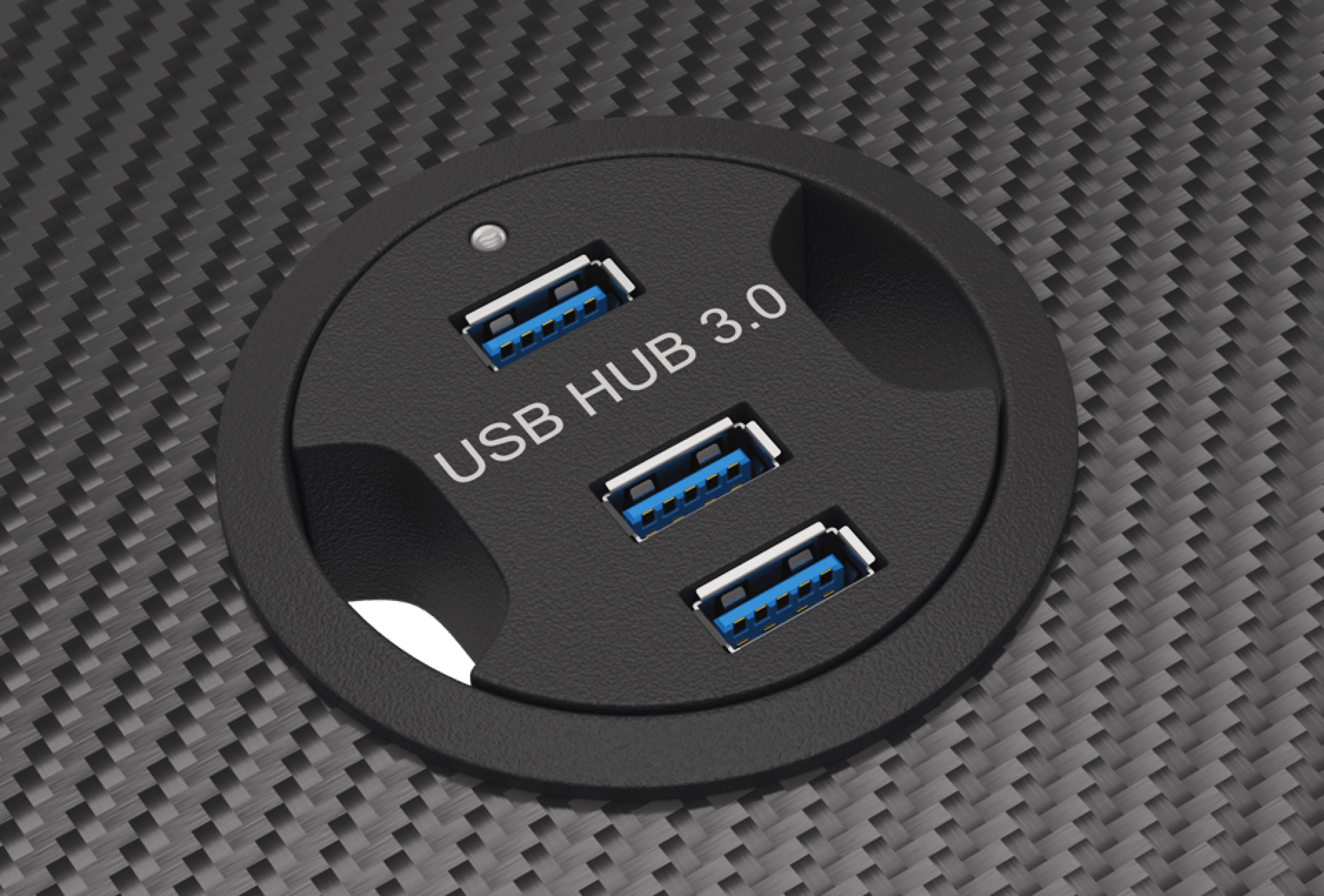Zbliżenie na okrągły hub USB z trzema portami USB 3.0 na tle teksturowanego włókna węglowego