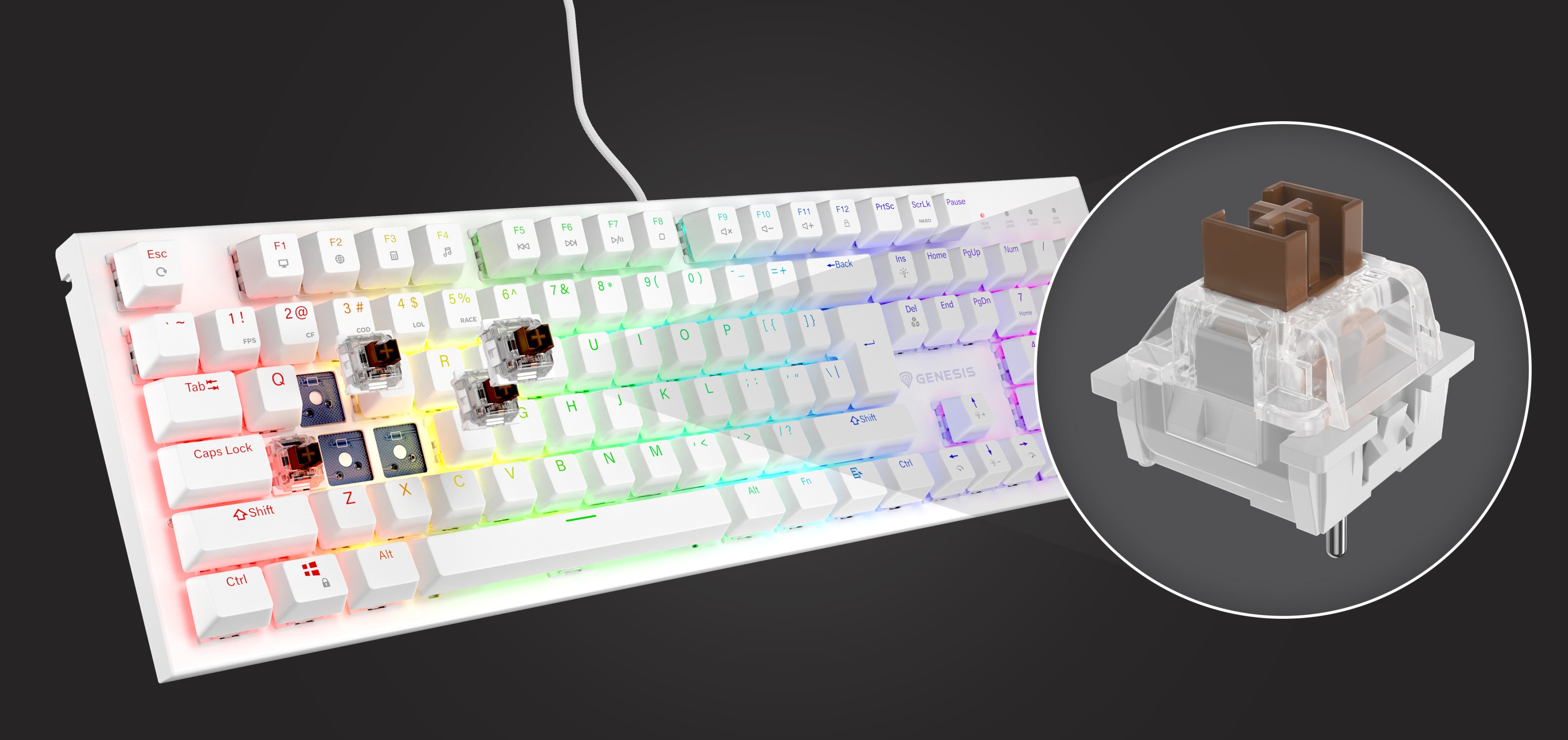 Biała mechaniczna klawiatura do gier RGB z brązowymi przełącznikami i możliwością wymiany podczas pracy, wyposażona w konfigurowalne podświetlenie