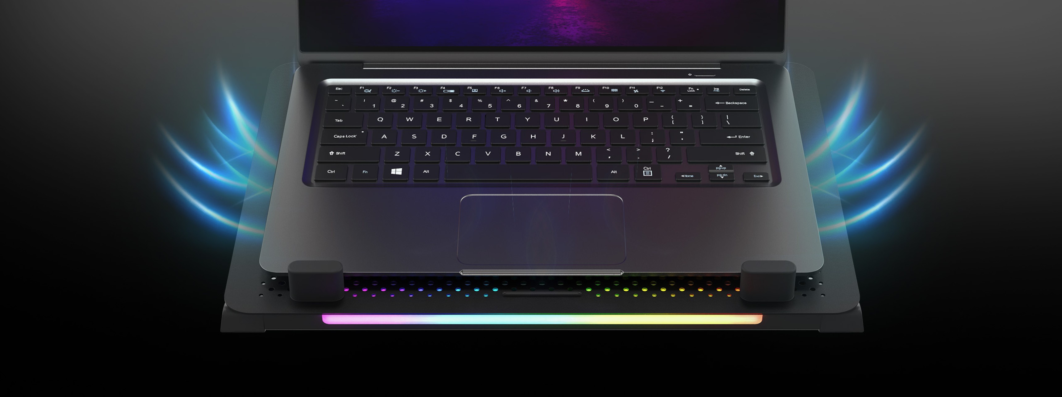 Podkładka chłodząca do laptopów z podświetleniem RGB, wyposażona w wentylator i dwa porty USB, przeznaczona do urządzeń 15,6".