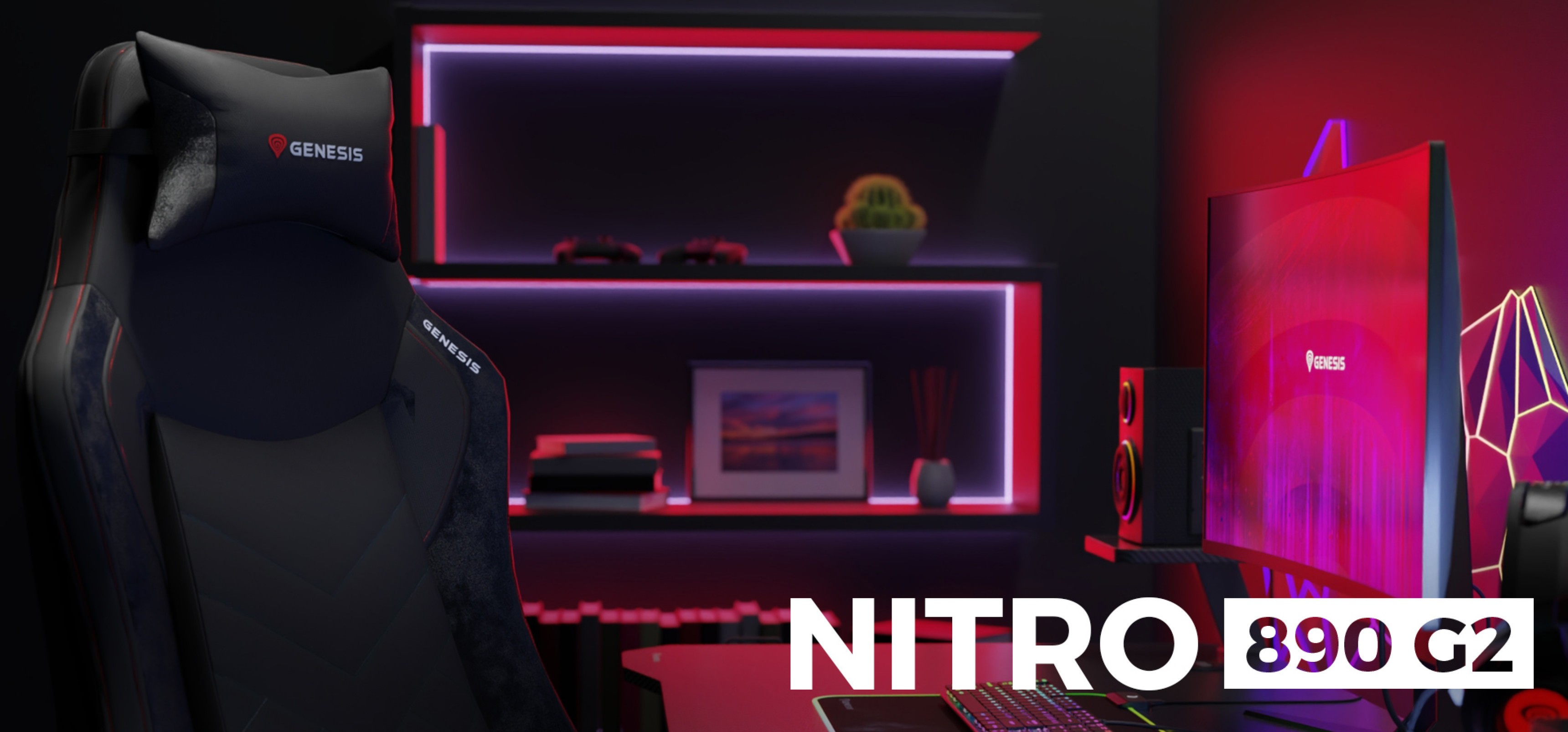 Fotel gamingowy Genesis Nitro 890 G2 w kolorze czarnym, umieszczony obok nowoczesnego biurka z podświetlanym tłem i konfiguracją do gier.