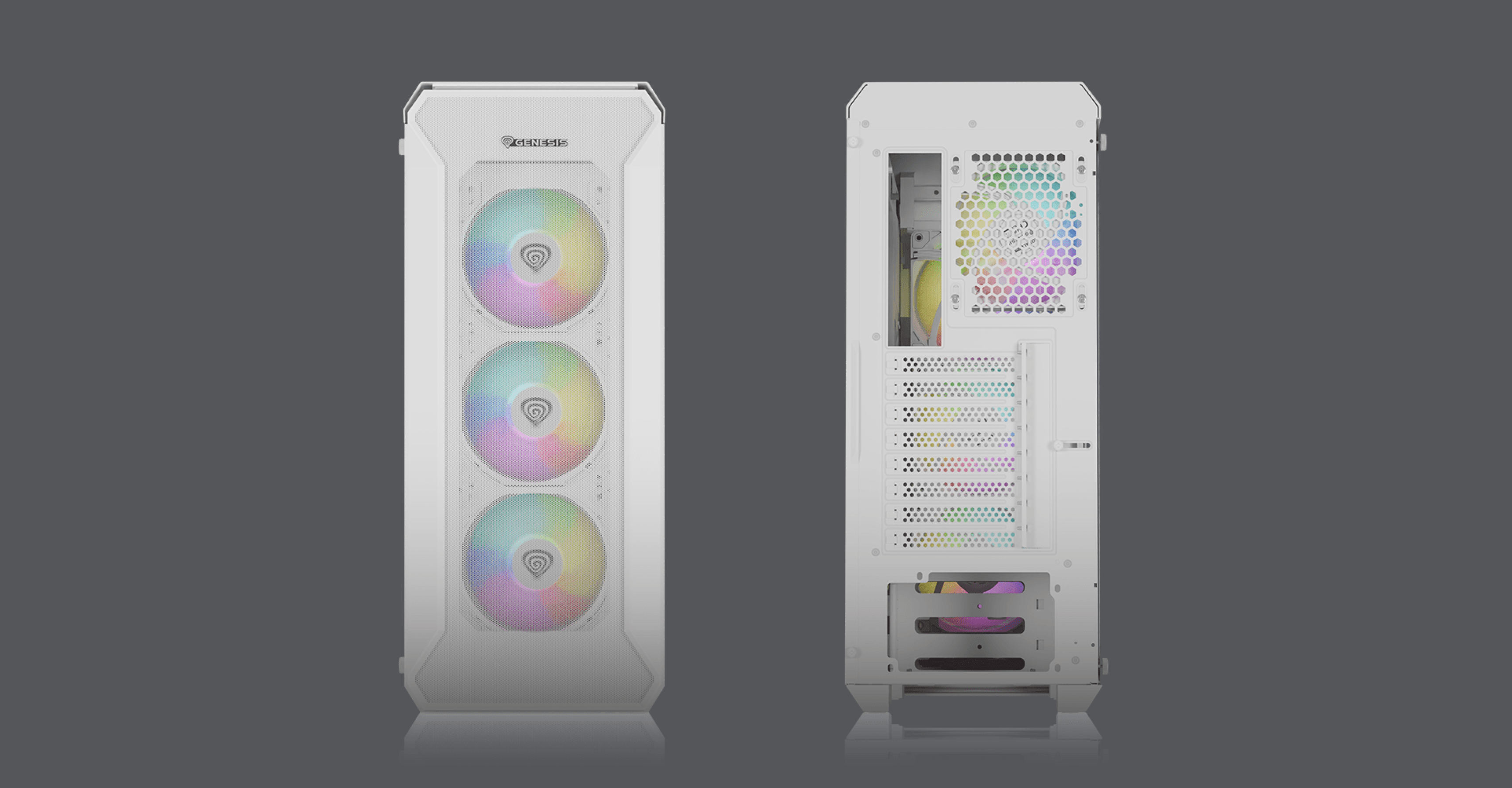 Biała obudowa PC typu midi tower Genesis Irid 505 ARGB V2 z przednimi wentylatorami RGB i przezroczystym panelem bocznym