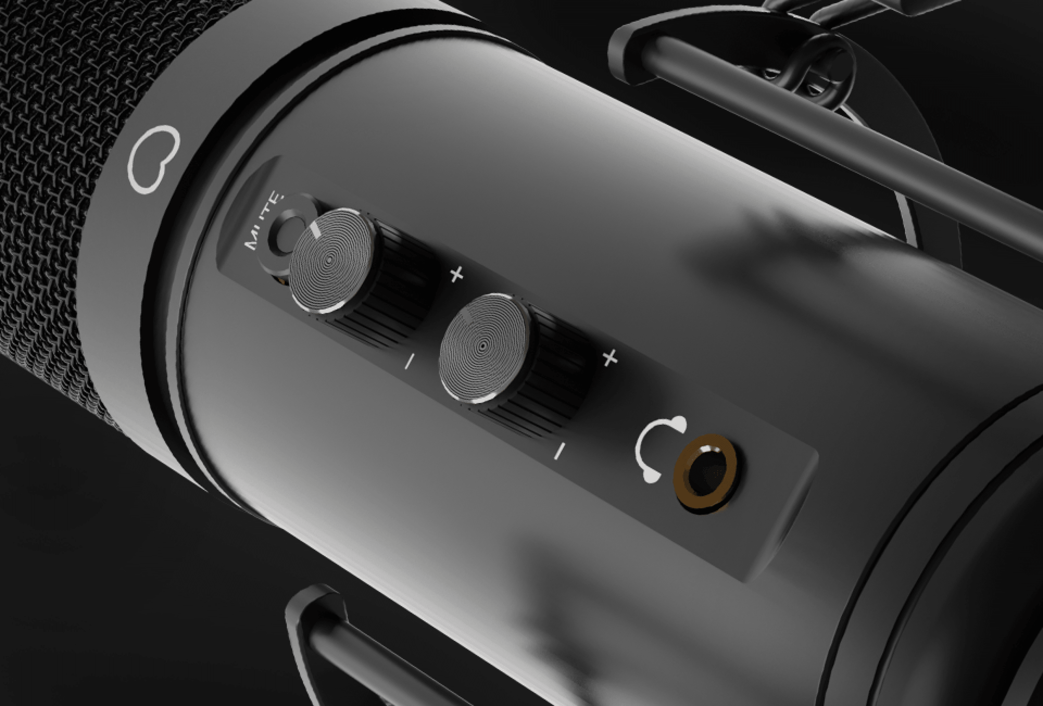 Zbliżenie mikrofonu Genesis Radium 600 G2 USB, pokazujące pokrętła sterowania i gniazdo słuchawkowe na jego korpusie