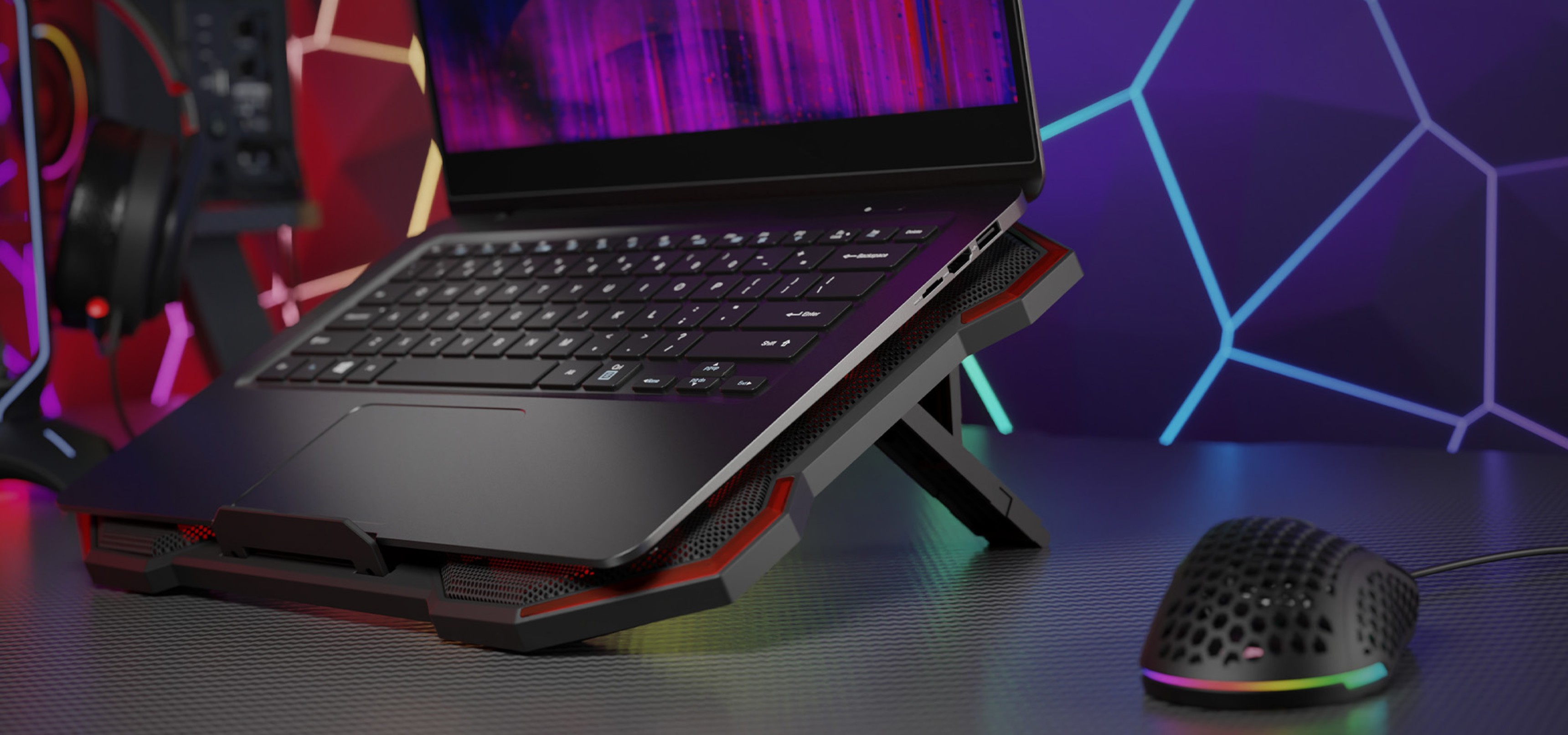 Podkładka chłodząca pod laptopa Genesis Oxid 260 z czterema wentylatorami, oświetleniem RGB i dwoma portami USB, obsługująca laptopy 15,6-17,3"