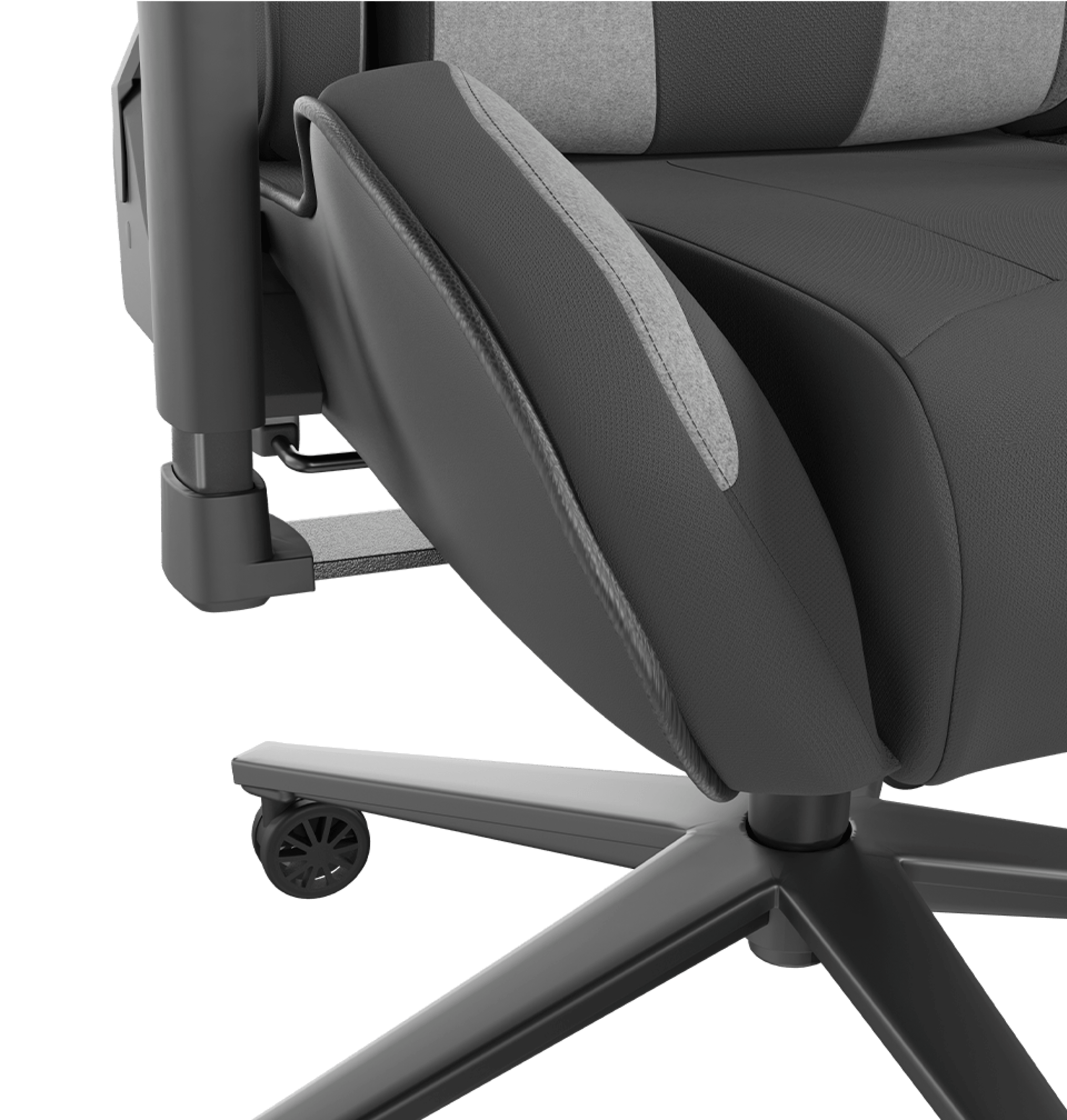 Czarno-szary fotel gamingowy o stylowym wyglądzie, z wyściełanym siedziskiem i ergonomicznym oparciem.