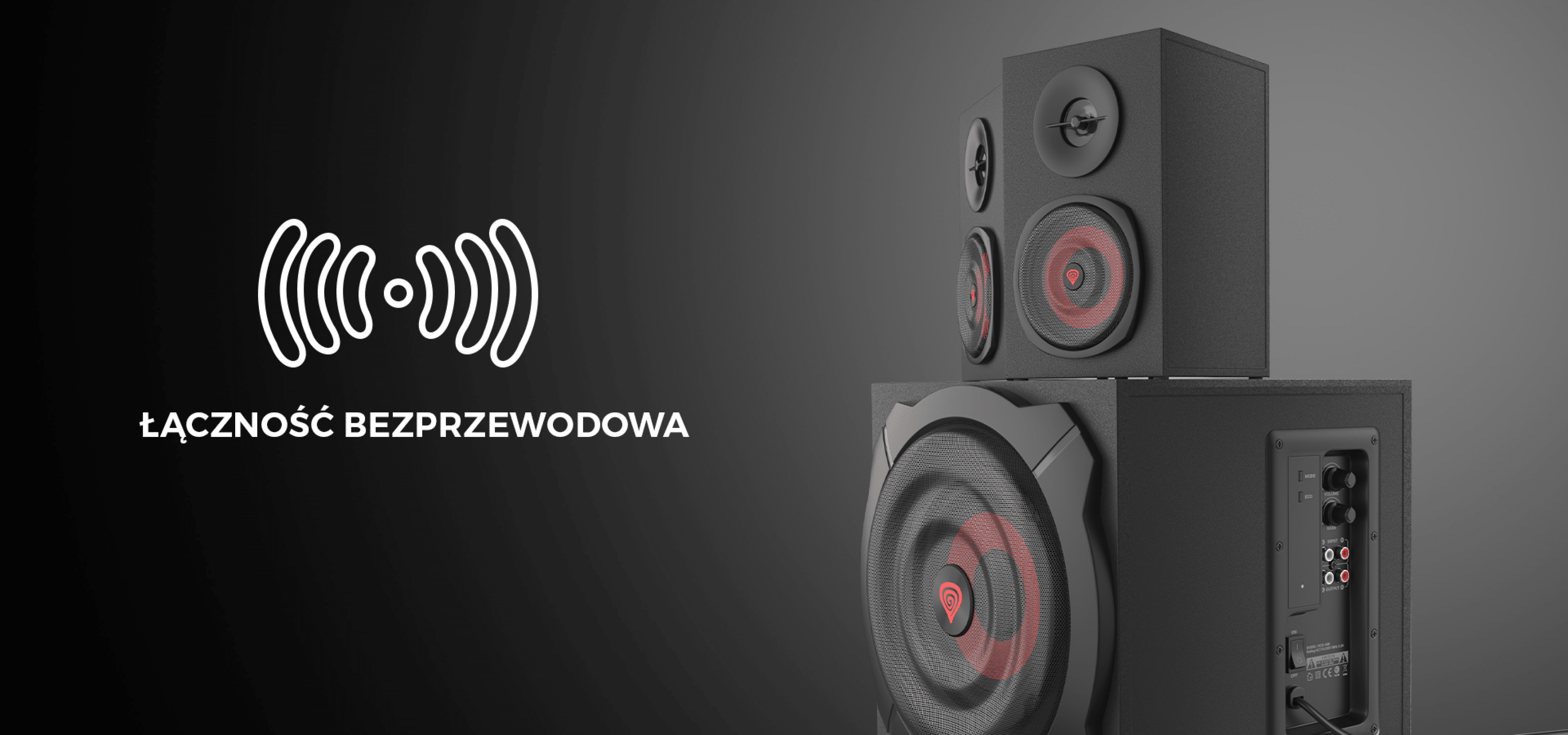 Czarne głośniki Genesis Helium 610BT o mocy 60W RMS w konfiguracji 2.1 z przewodowym pilotem i ikoną łączności bezprzewodowej.