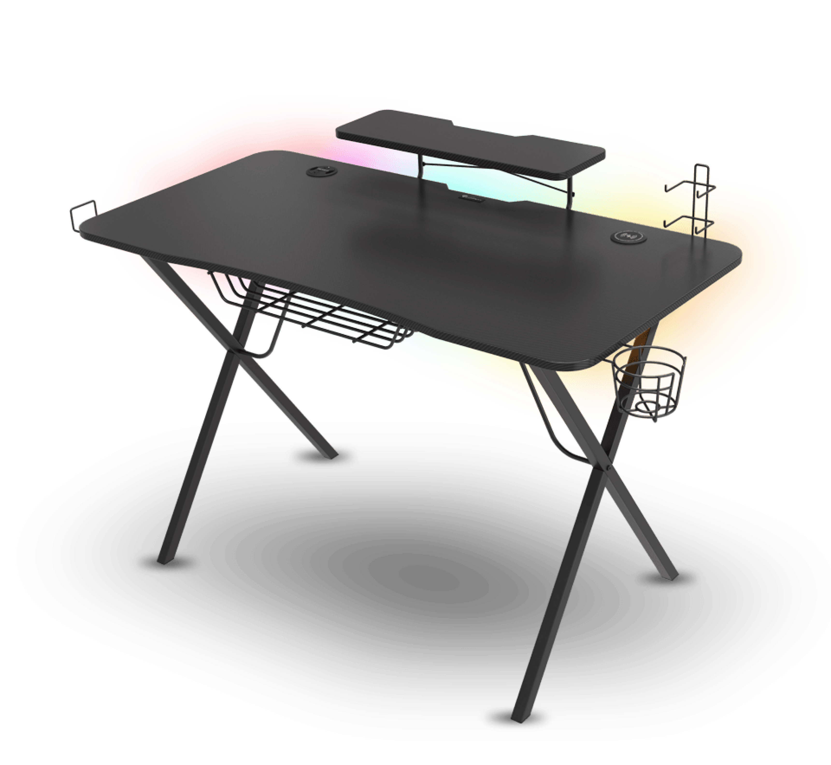 Biurko gamingowe z eleganckim czarnym wykończeniem, wyposażone w oświetlenie RGB, półkę na monitor, system zarządzania kablami i boczne schowki.