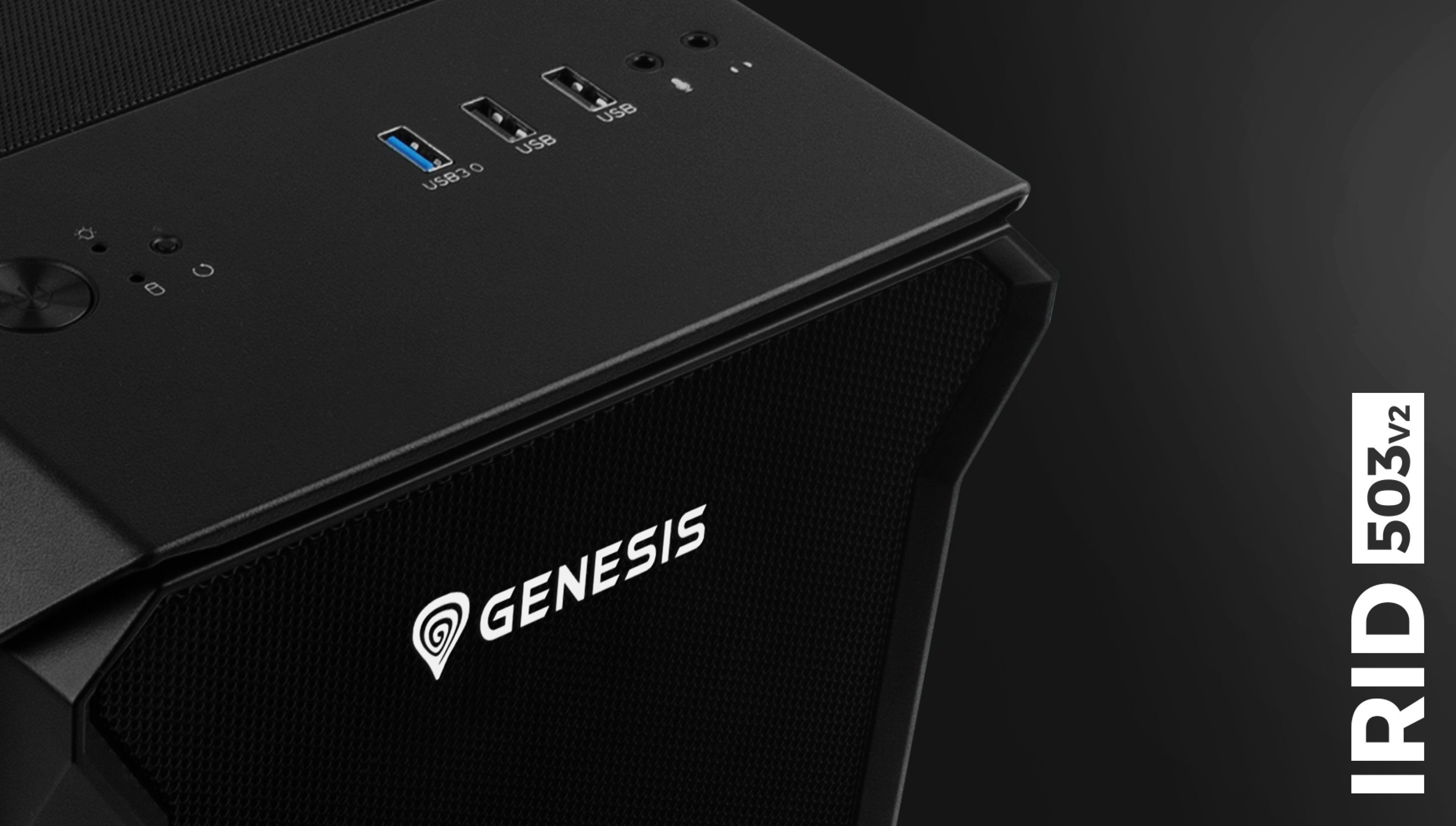 Czarna obudowa Genesis IRID 503 V2 MATX typu mini tower z portami USB i przyciskiem zasilania na górze.