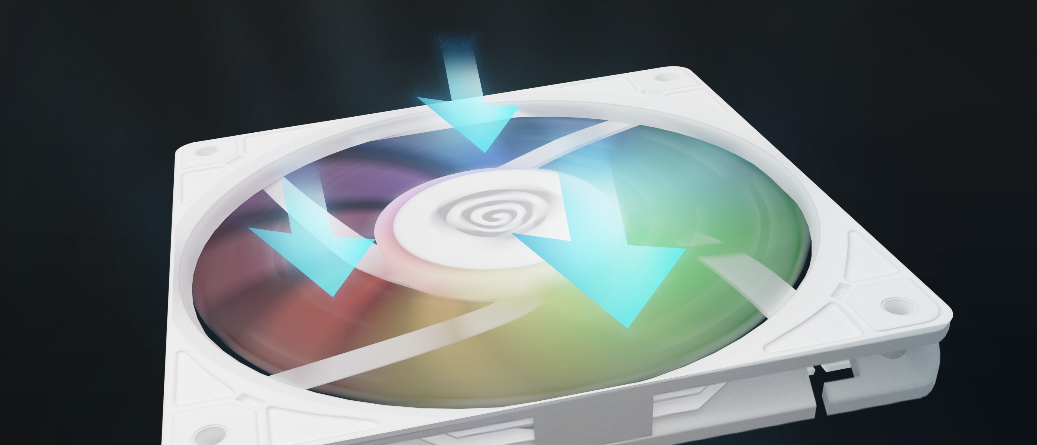 Wentylator chłodzący ARGB z białą ramką, wyposażony w kolorowe efekty świetlne i strzałki przepływu powietrza wskazujące ruch.
