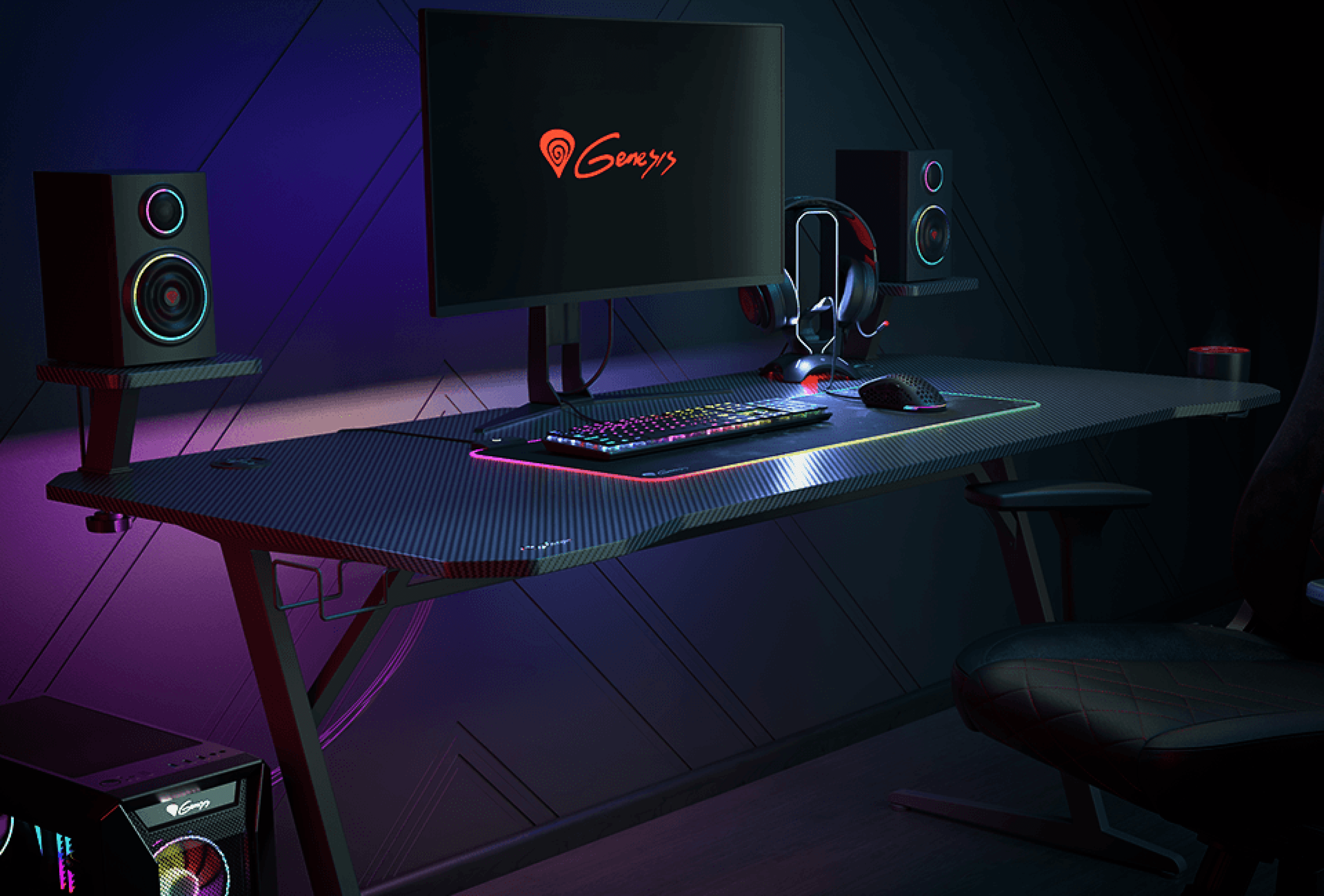 Biurko gamingowe z oświetleniem RGB, wyposażone w monitor, klawiaturę, mysz i głośniki w stylowej, ciemnej konfiguracji.