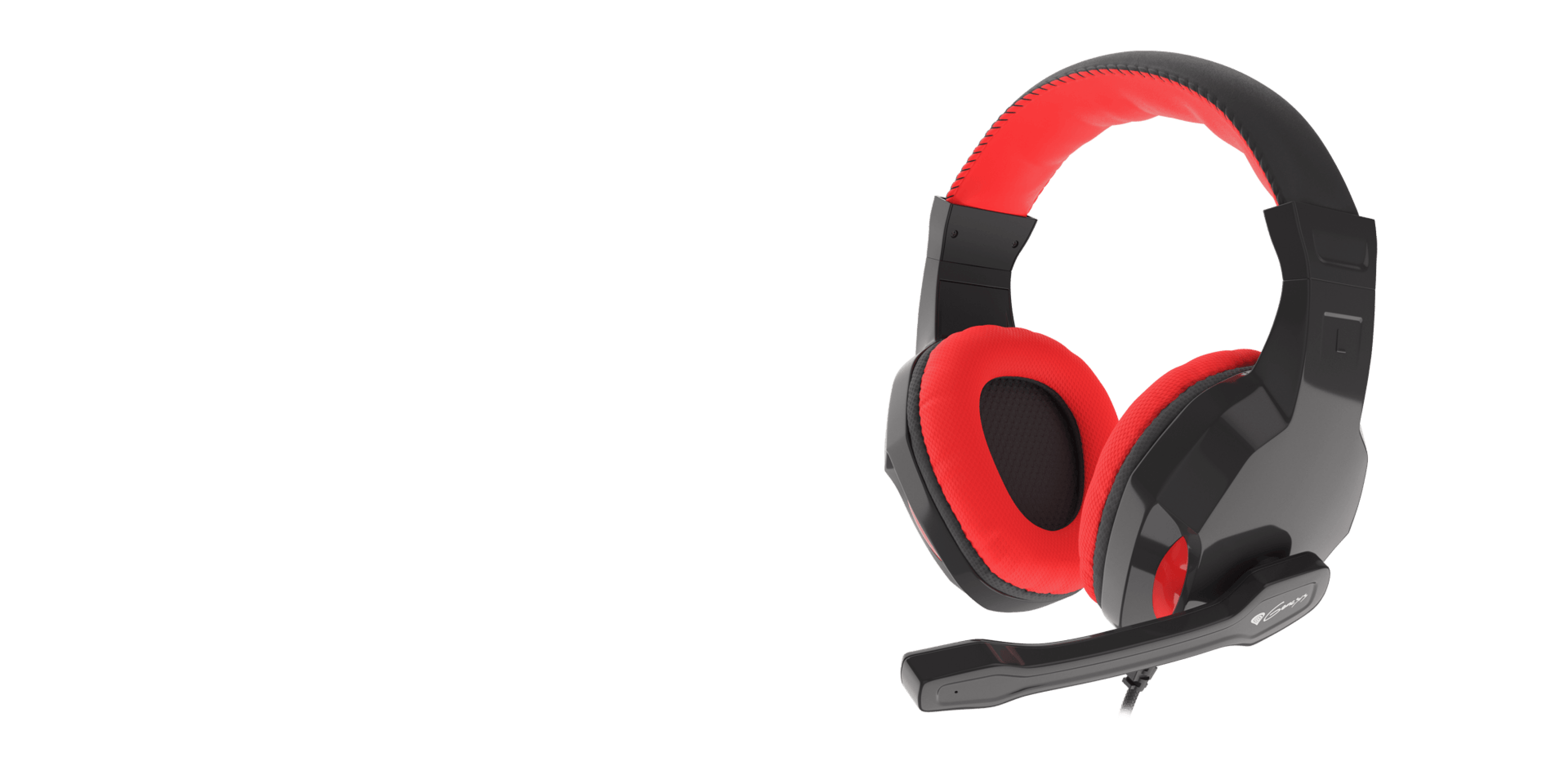 Słuchawki z czarnym i czerwonym wyściółkiem oraz odłączanym mikrofonem do komunikacji audio.