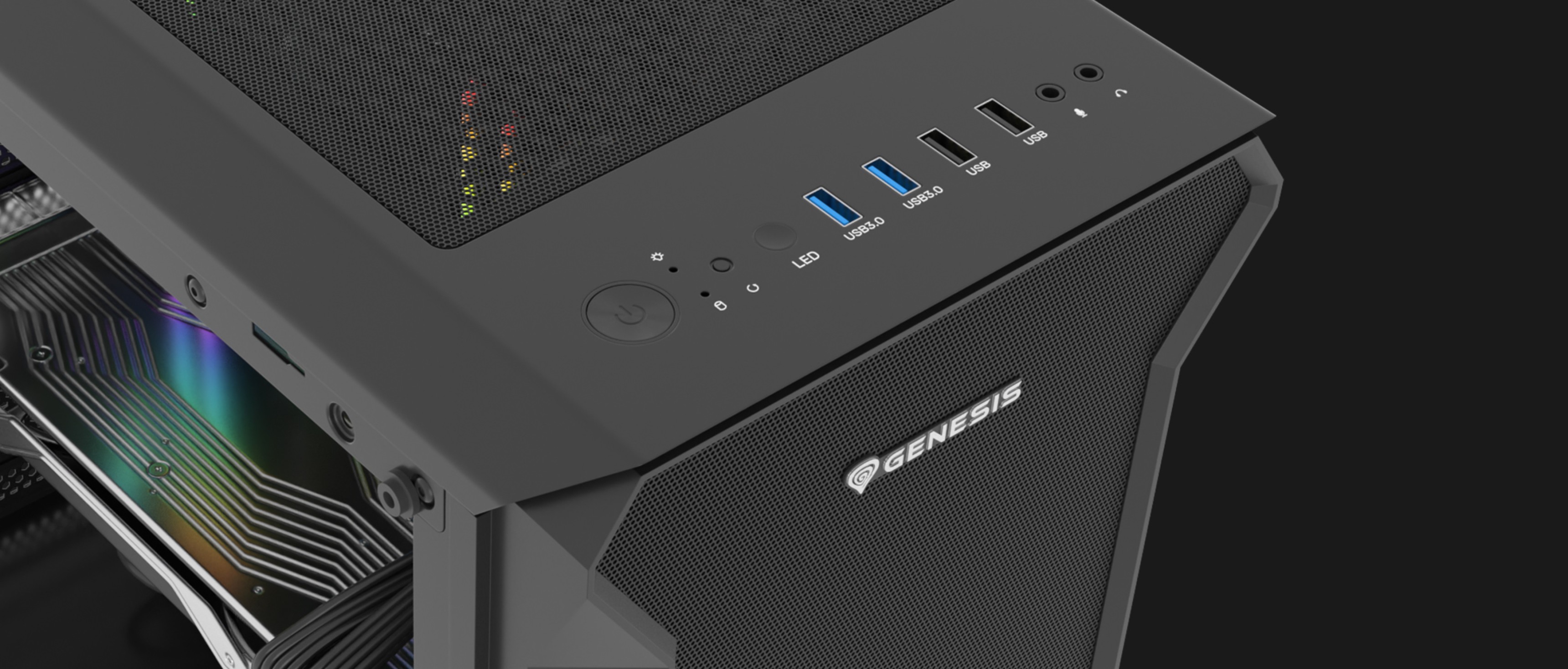 Czarna obudowa Genesis Irid 505 V2 typu midi tower z przezroczystym panelem bocznym i wieloma portami I/O z przodu.