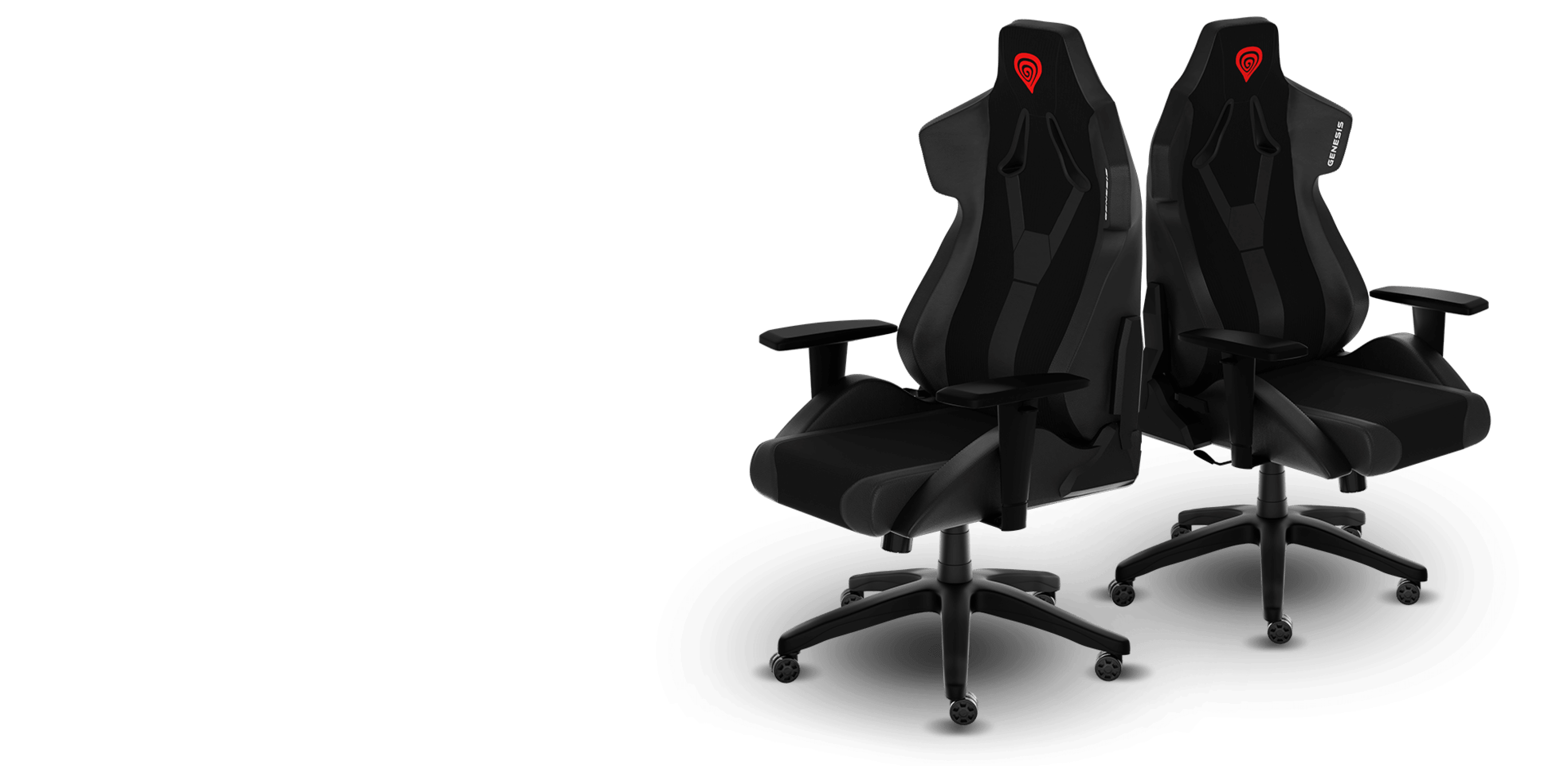 Czarne fotele gamingowe o ergonomicznej konstrukcji, wyposażone w regulowane podłokietniki i elegancką, nowoczesną estetykę.