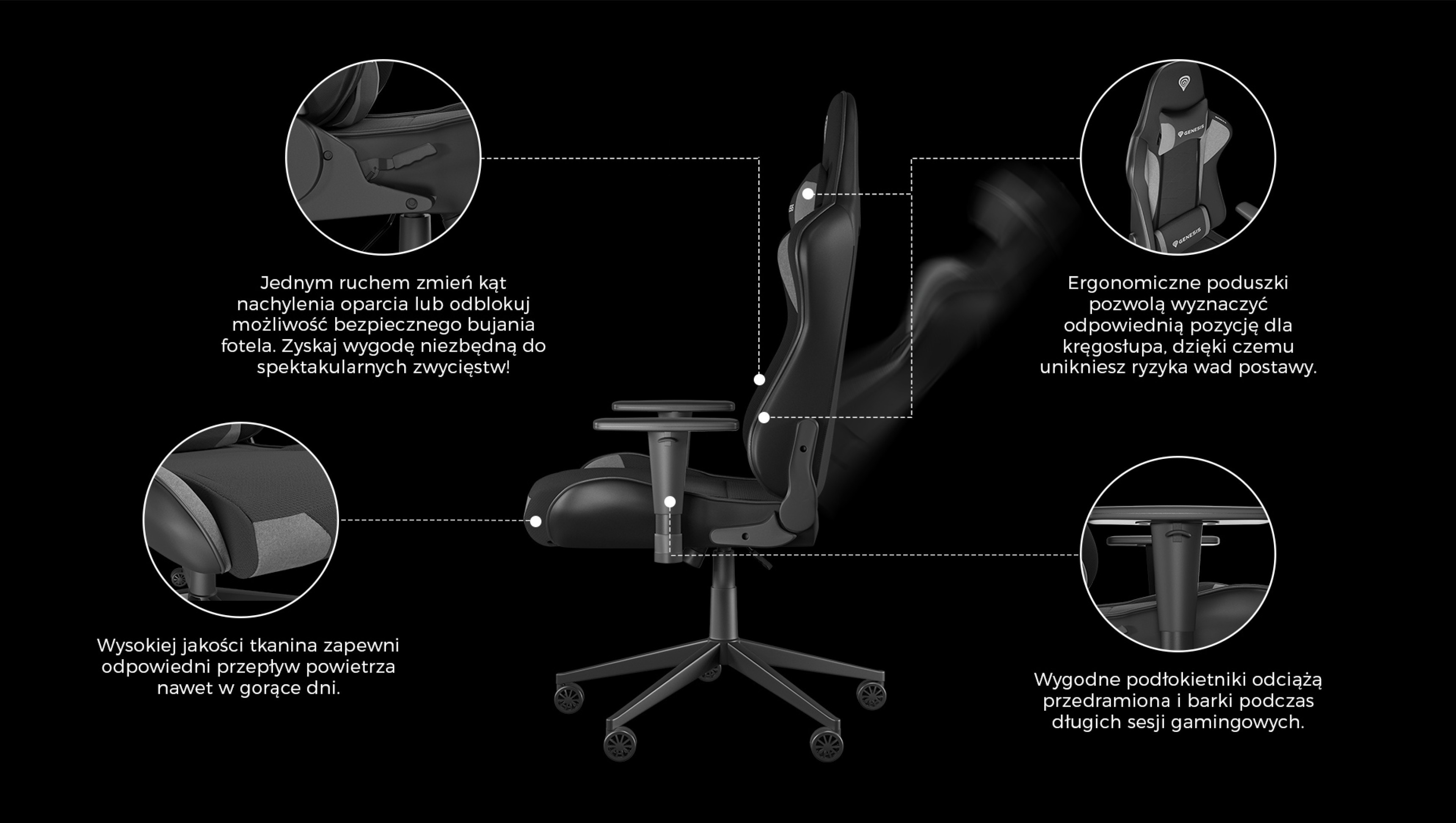 Fotel gamingowy GENESIS NITRO 440 G2 w kolorze czarnym i szarym, o ergonomicznej konstrukcji i regulowanych elementach zapewniających komfort podczas grania.