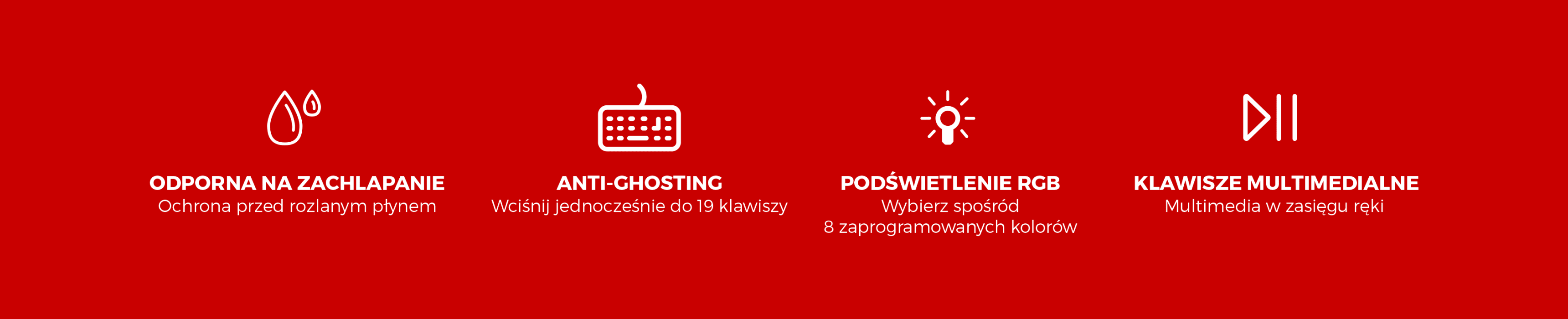 Ikony podkreślające funkcje klawiatury gamingowej Genesis Rhod 300 RGB: wodoodporność, anti-ghosting, podświetlenie RGB i klawisze multimedialne.