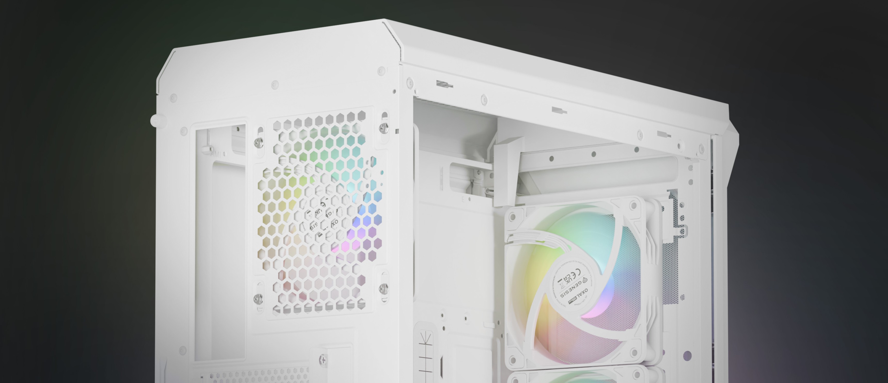 Biała obudowa komputerowa wyposażona w wentylator Genesis Oxal 120 ARGB z żywym podświetleniem RGB