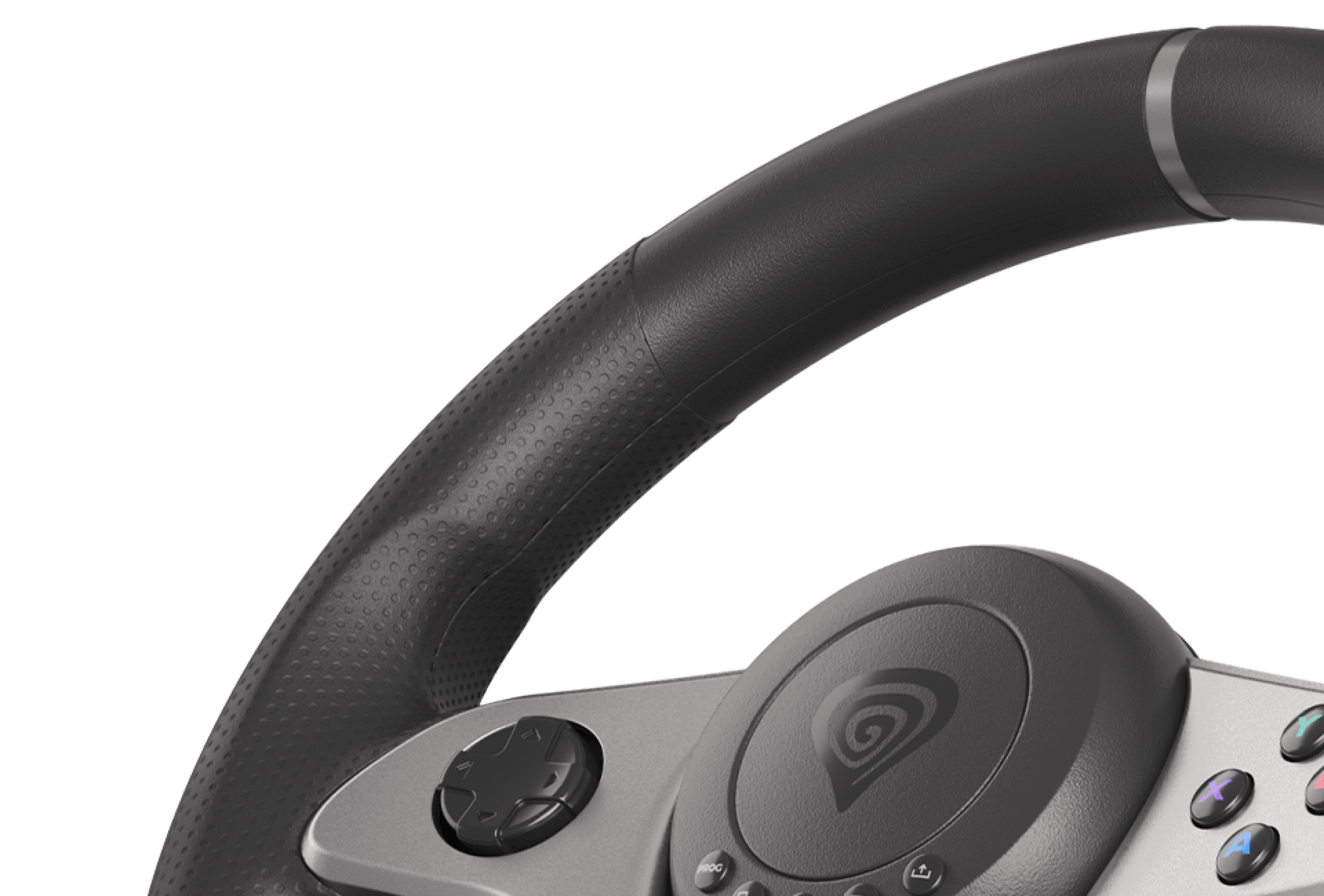 Zbliżenie na kierownicę do gier Genesis Seaborg 400 z teksturowanym uchwytem i przyciskami sterowania