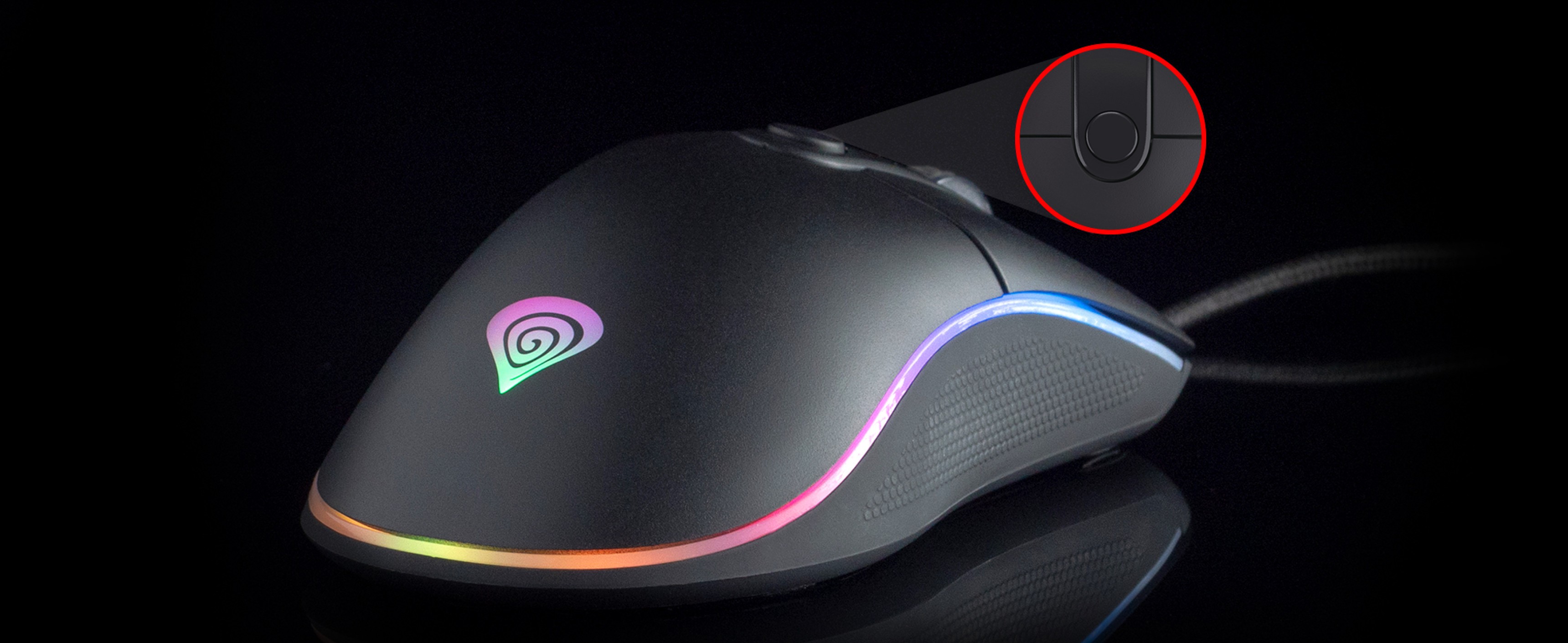 Czarna mysz do gier Genesis Krypton 510 z podświetleniem RGB i 8000 DPI, wyposażona w konfigurowalny przycisk